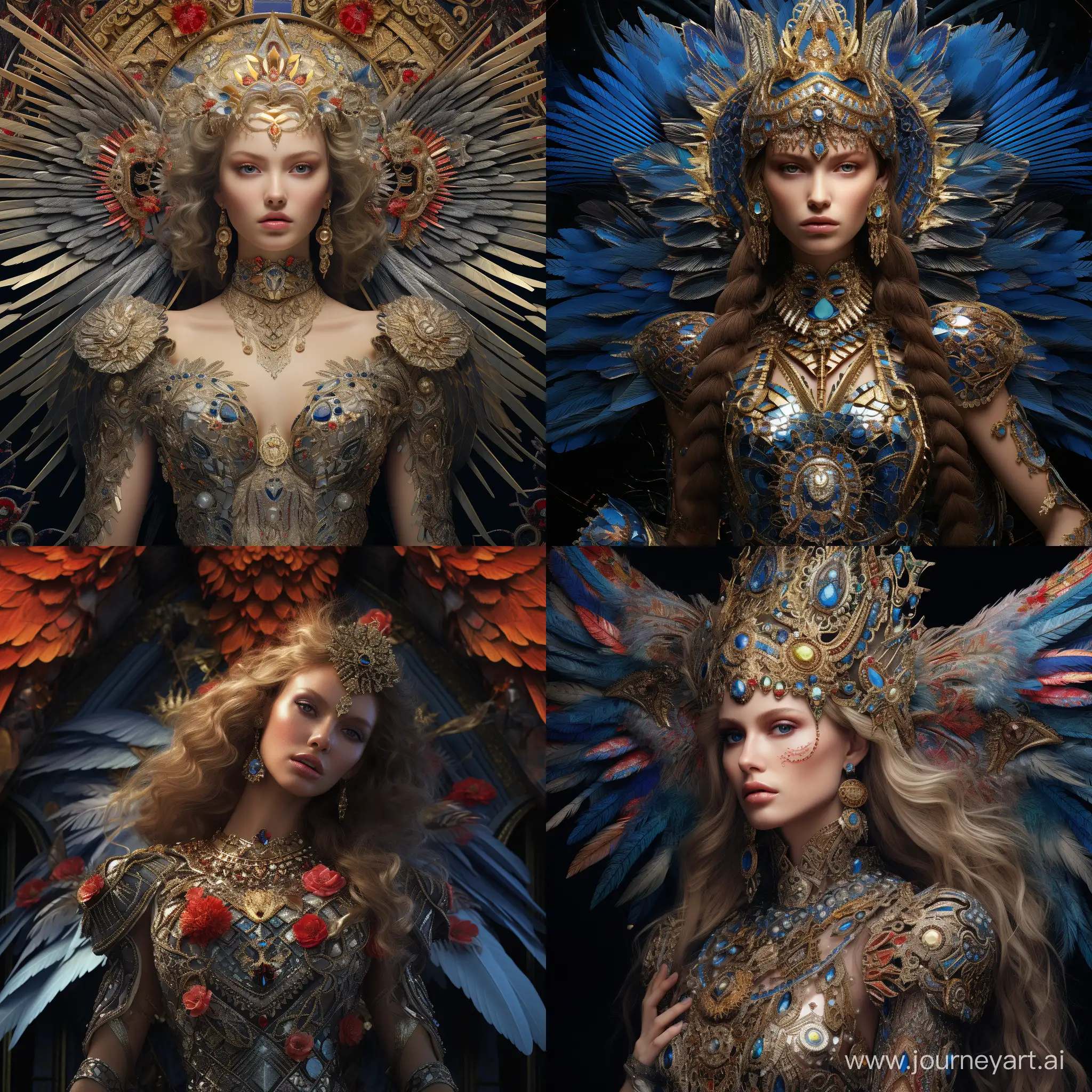 a stunning interpretation of a WOMAN mixed with a EAGLE, masterpiece, highly detailed and intricate, hypermaximalist, ornate, luxury, elite,ominous, bejeweled, sequins, ornamental, cinematic, cgsociety, in the style of realistic and hyper-detailed renderings, detailed facial features, intricate embellishments, multilayered realism, intricately mapped worlds