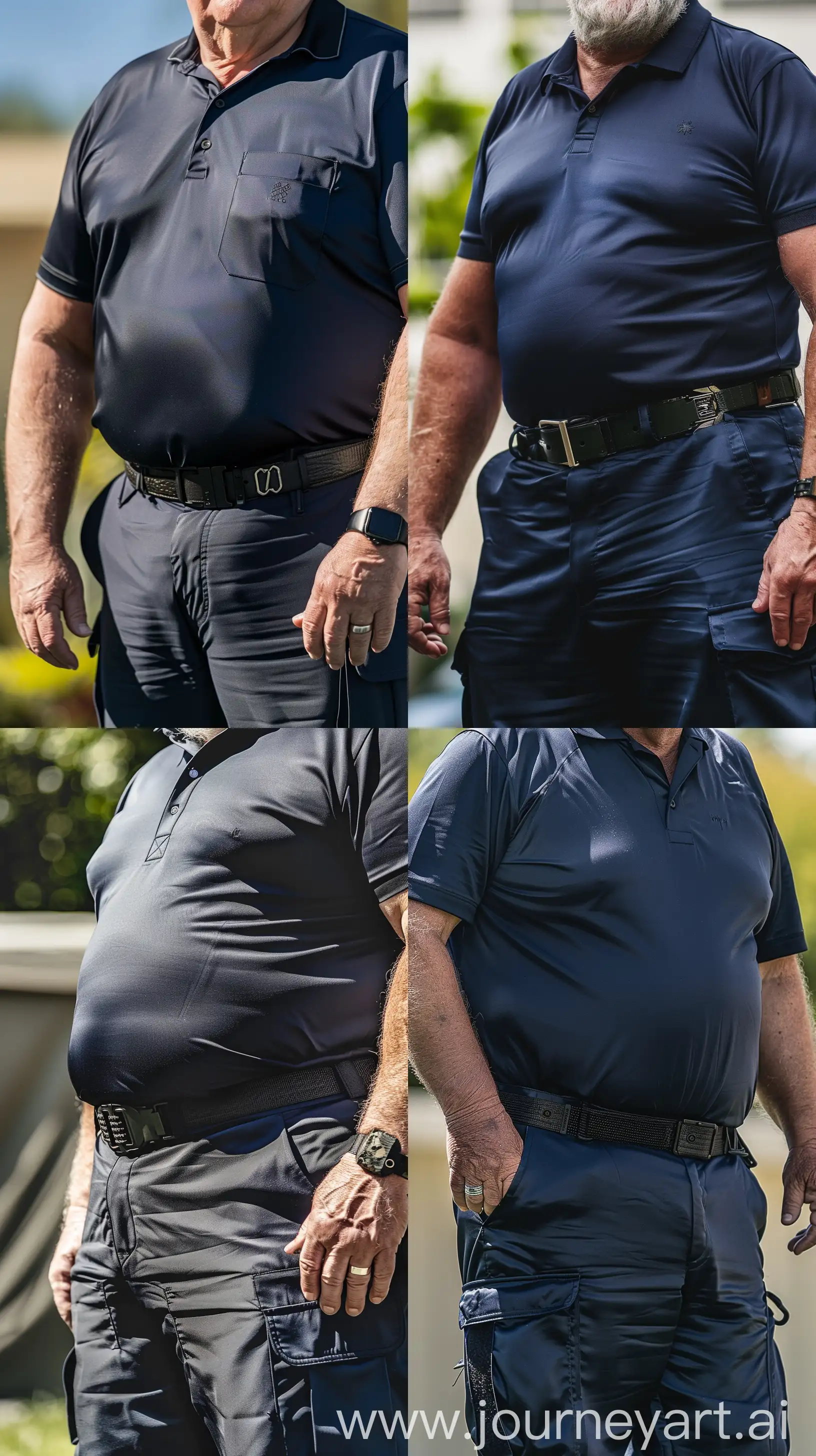 Close-up chest-level full body photo of a serious fat man aged 70 wearing a silk navy cargo pants and a tucked in silk navy sport polo. Black tactical belt. Outside. Natural light. --style raw --ar 9:16