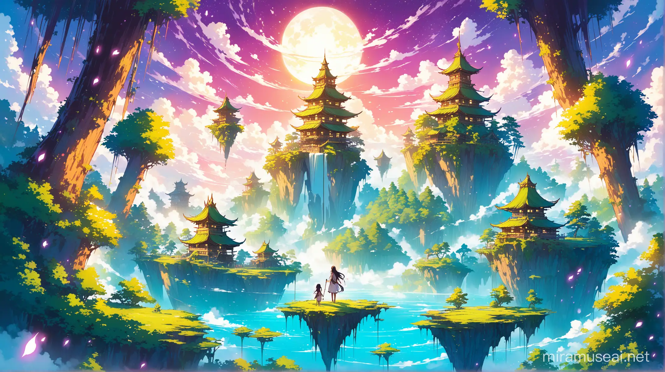 Conjure a fantasy anime world with floating islands, mystical creatures, and enchanted forests, inviting exploration and adventure, brushy, visible brush strokes, flat colr, loose and dynamic --niji 6