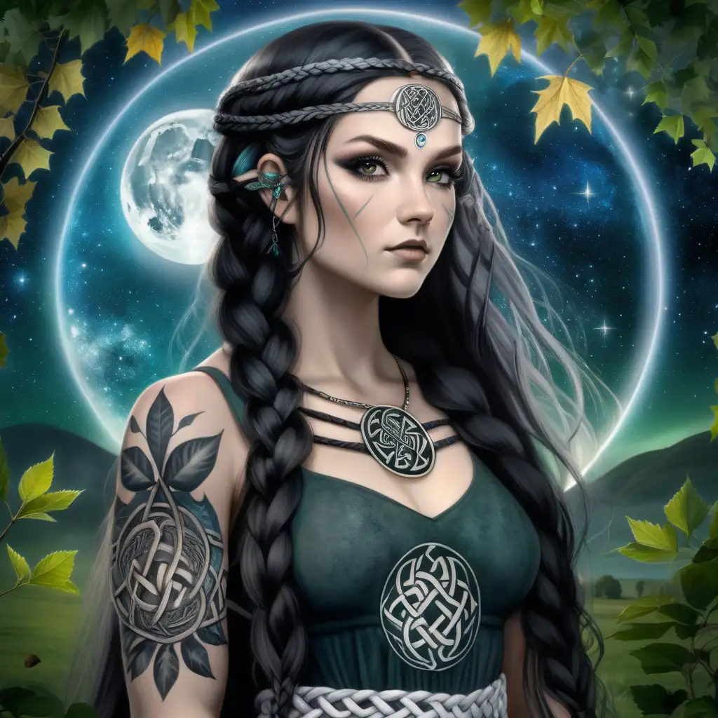 Mystical Celtic Woman with Ancient Symbols in Forest Setting