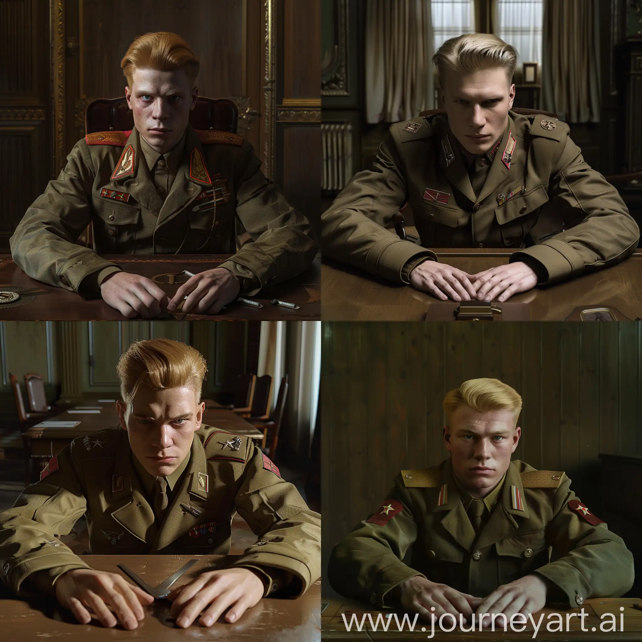 Soviet soldier, military jacket, blond hair, combed back, sitting at a table, looking at the camera, hands lying on the table, captain's epaulettes, Soviet office, hyperrealism, 8K image quality, ultra image detail 