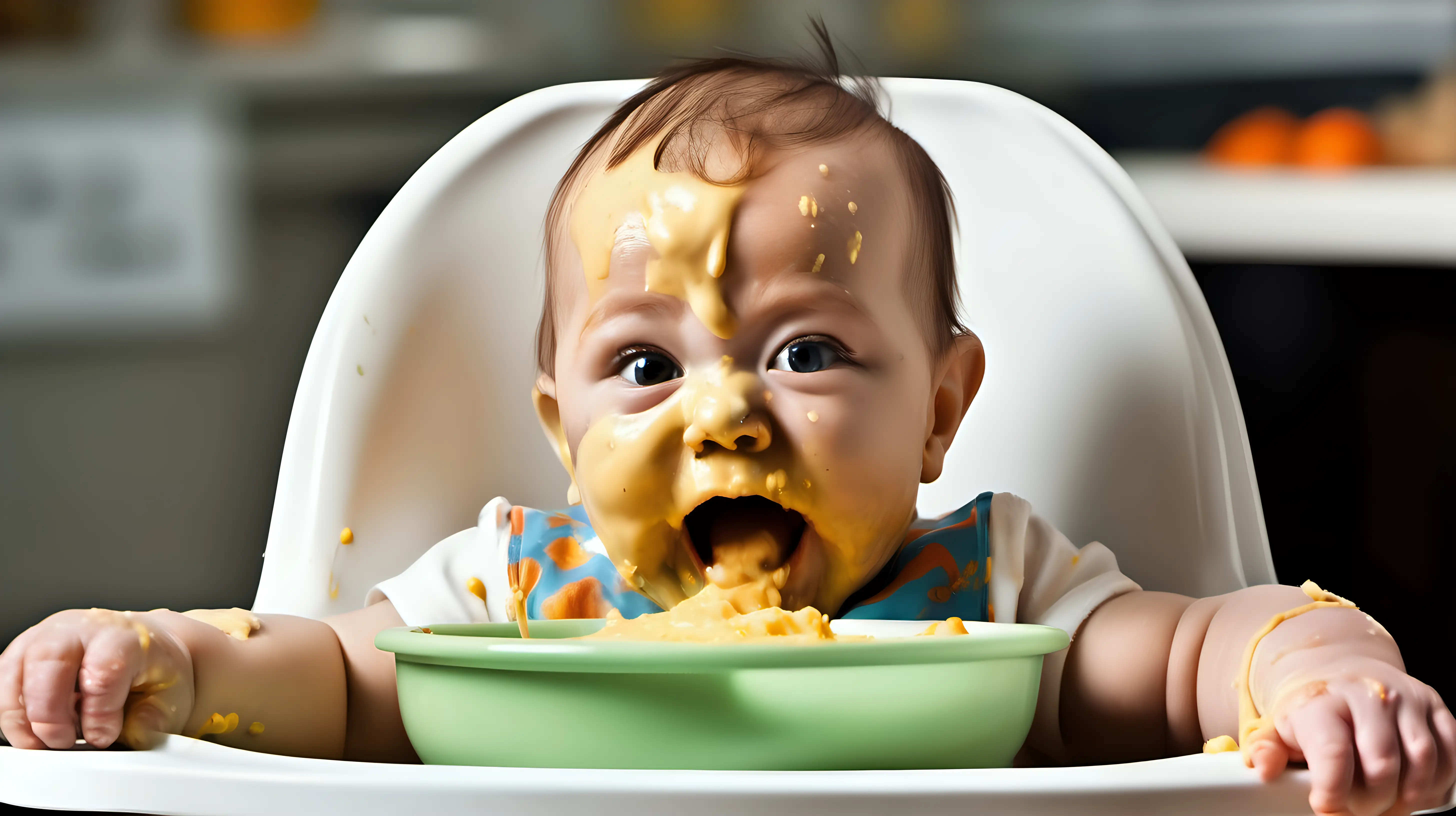 Adorable Baby Messily Enjoying Pureed Food in High Chair