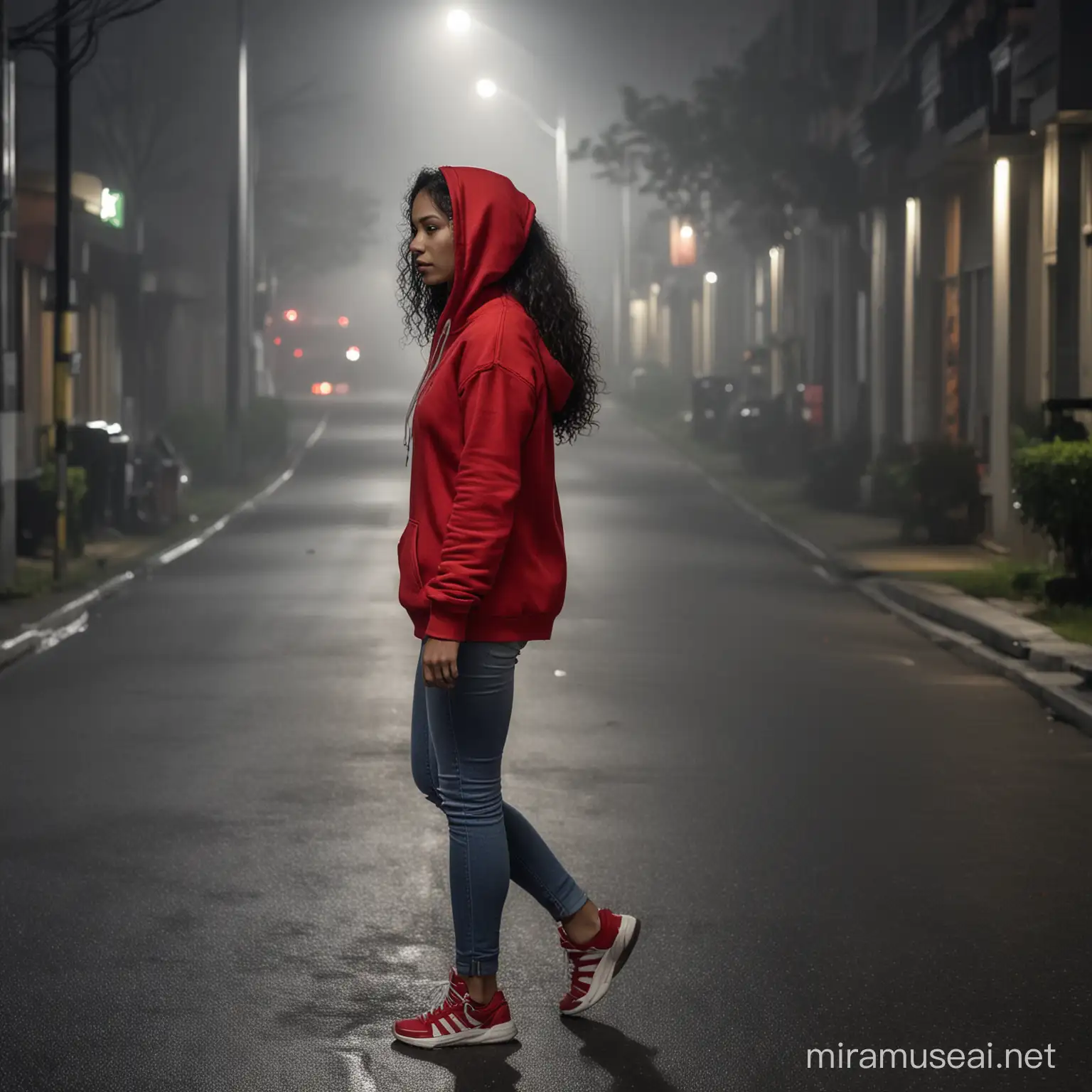 Potrait of an Indonesia n woman with long andcurly hair wearinga red Hoodie and sneaker, walking alone, wLki g  on the side of the road marking on the side walking on the sidewalk the light behind her from the headlight of passing care a dark foogy night with street light and city building visiblein the distance cinematic images dynamic lighting looking at the camera