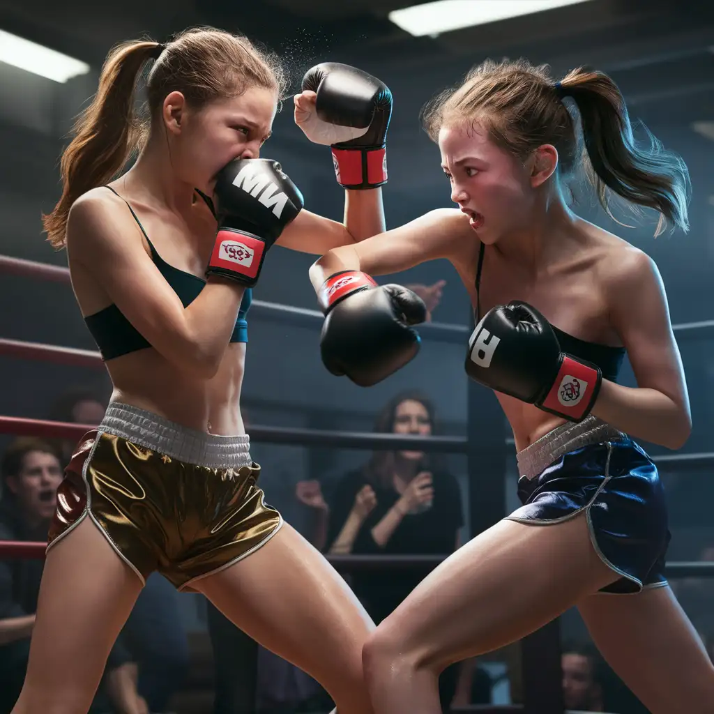 slim teen girls boxing with MMA gloves wearing silk tight shorts
