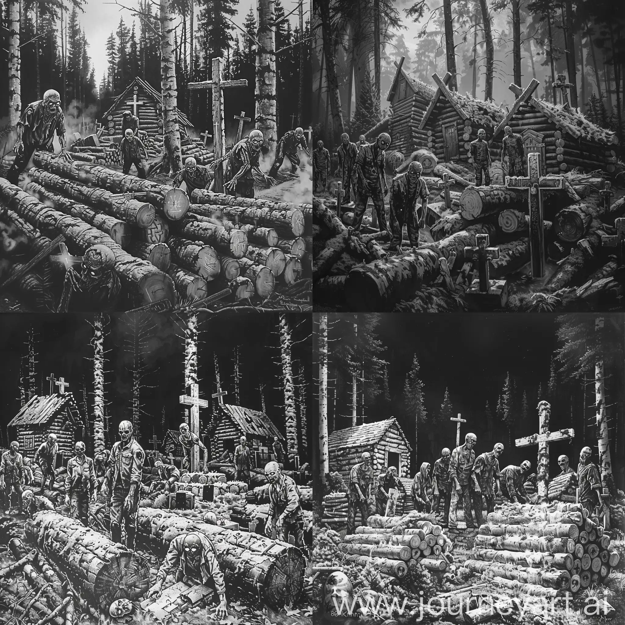cemetery, taiga, instead of crosses there are small houses made of logs, zombies stand among the logs and look at the camera, eyes glow, a gloomy  atmosphere  black and white art, drawing, ultra detail, 8K image quality,  Dark Fantasy Style, John Kenn Mortenson style draw
