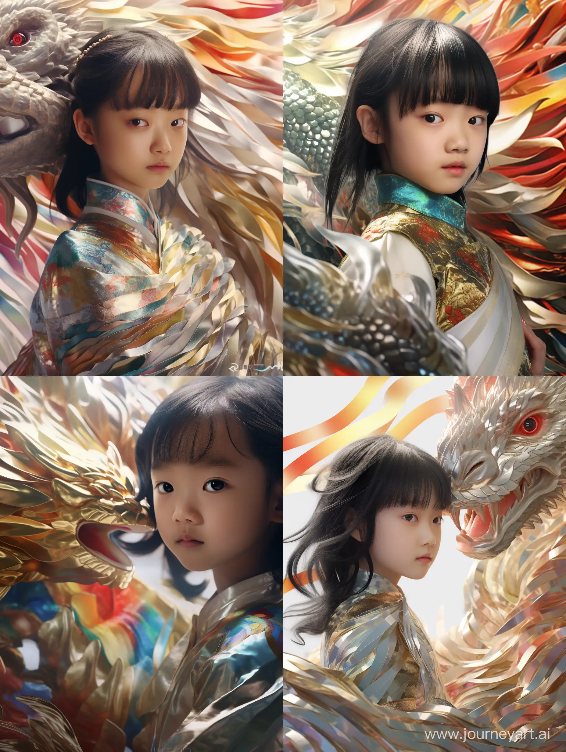 Close-up, platinum dragon body with gold foil scales surrounded by cute little Chinese girl, 4 years old, sideways wearing rainbow-colored gorgeous Hanfu, grand scene, minimalism, Chinese dragon, C4D rendering, surrealism, masterwork film lighting , Ultra HD, fine detail, color grade