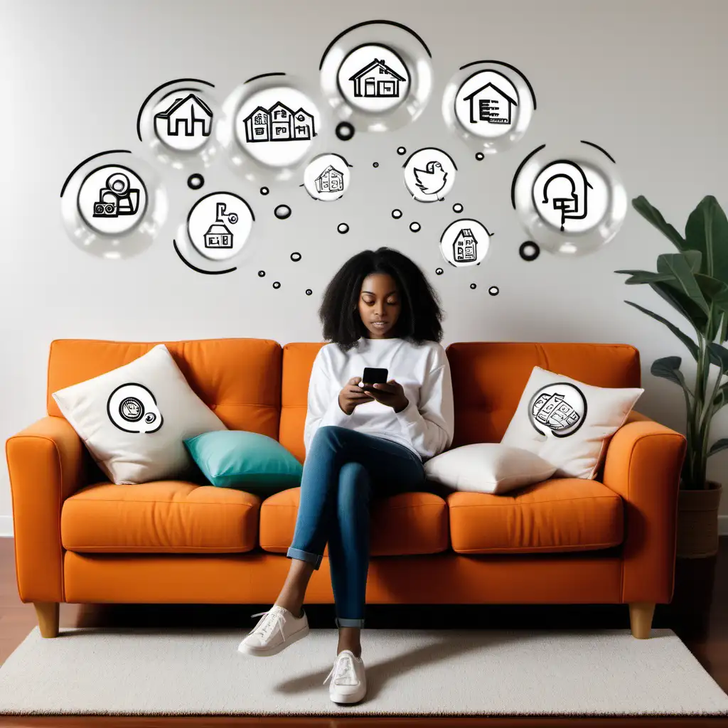 create an image of a young adult sitting on a couch with a cell phone in hand. above the person is a group symbols. one filled with expenses like housing and gas. another bubble filled with symbols that represent fun like movies and games. and the third represents savings of cash. give elements of contemplation, confidence
