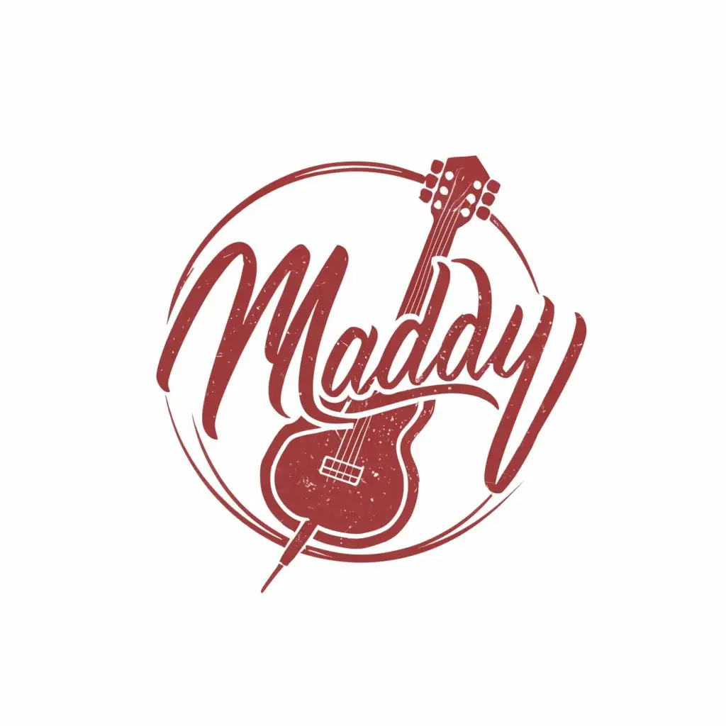 a logo design,with the text "Maddy", main symbol:red guitar  in scribbled sphere with mic and a text written "maddy" with feather pen,Minimalistic,be used in Entertainment industry,clear background