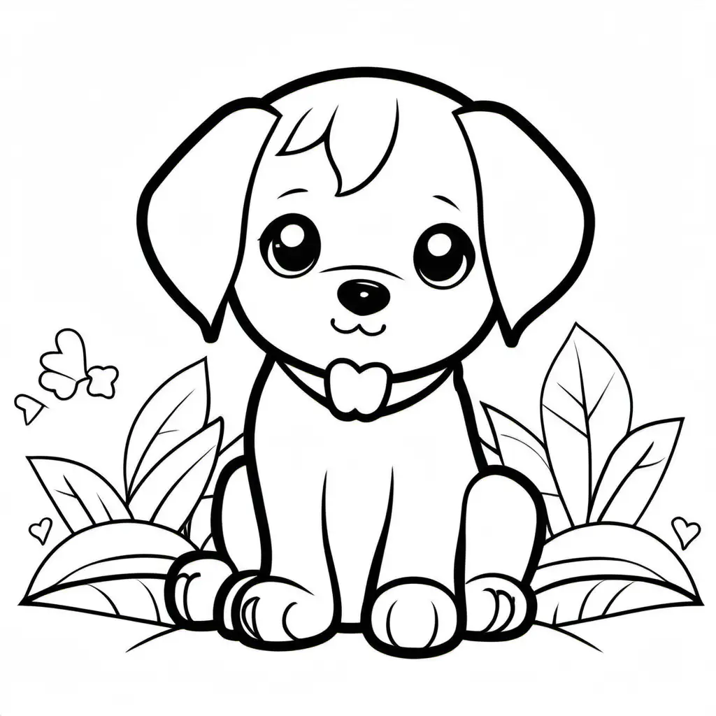 kawai themed cute puppy, Coloring Page, black and white, line art, white background, Simplicity, Ample White Space. The background of the coloring page is plain white to make it easy for young children to color within the lines. The outlines of all the subjects are easy to distinguish, making it simple for kids to color without too much difficulty
