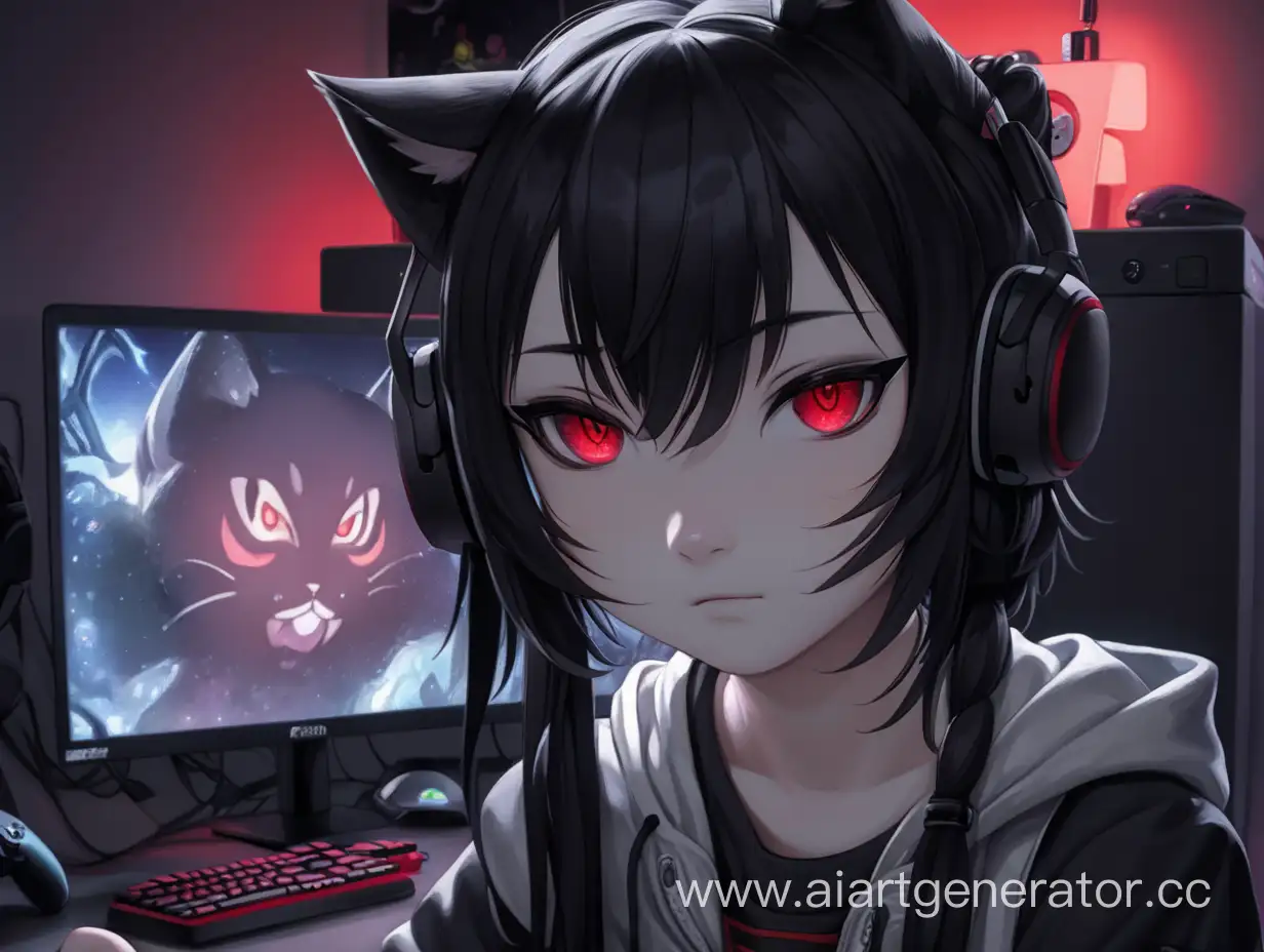 Dark-Room-Gamer-Girl-Neko-with-Black-Hair-and-Red-Pupils