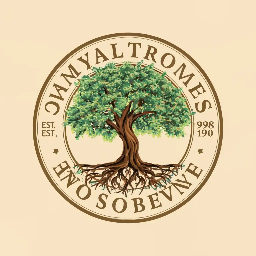 a logo design,with the text "'''
'", main symbol:circle frame with text around the edges, tree inside, very realistic tree, beige and green,Moderate,clear background