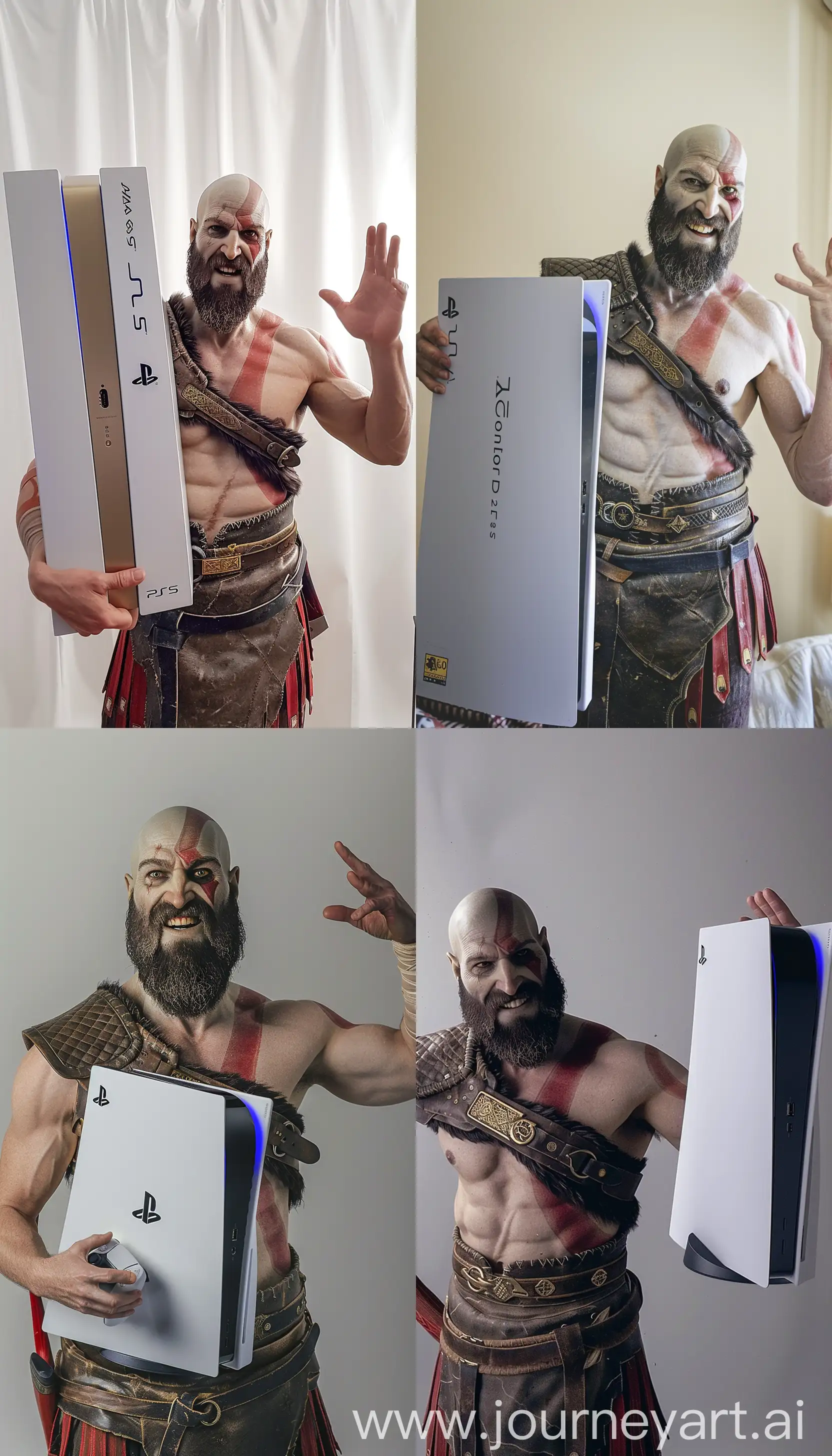 God of War holding a PlayStation 5 box in one arm, smiling and making a beauty gesture with his right hand while looking at the camera --style raw --ar 4:7 --v 6 