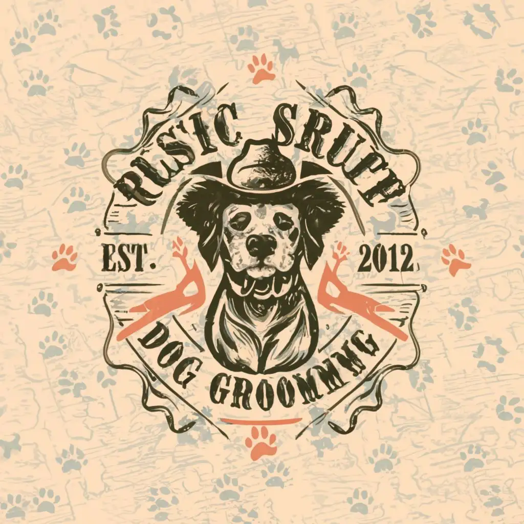 a logo design,with the text "Rustic Scruff Dog Grooming", main symbol:Dog, paw print, scissors, comb, clippers, western, cowboy hat, rugged, vintage,complex,be used in Animals Pets industry,clear background
