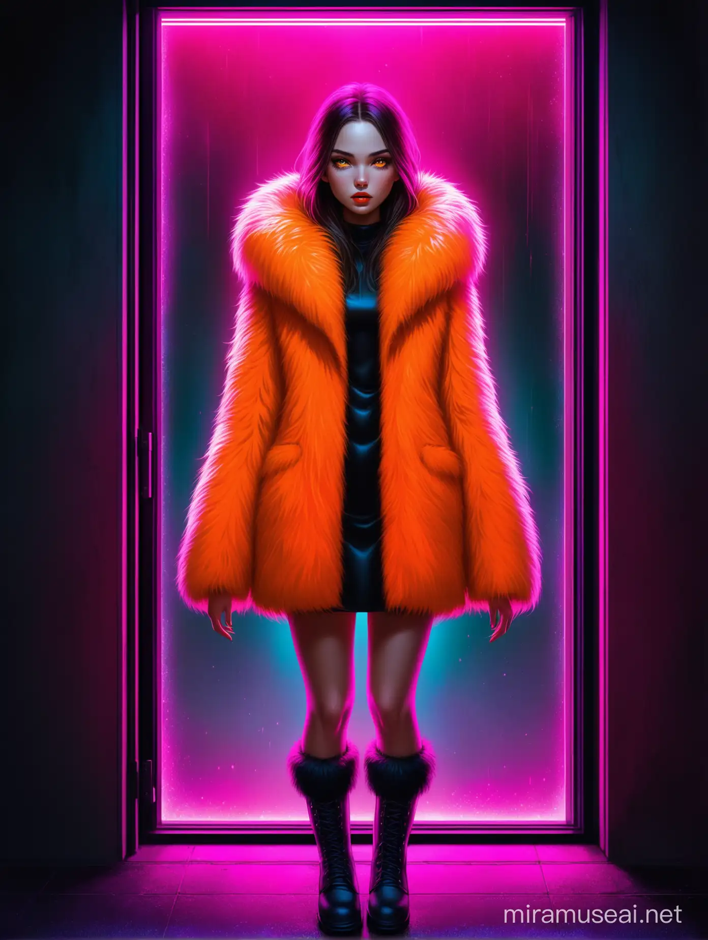 Aivision, strong neon colors, full body of beautiful young women with dramatic expression, prety eyes , full red lips, she is wearing short dress With a fur coat in orange neon colors, she is wearing Long fur winter boots. she looks out the window anxiously , dark environment and gloomy, image realistic, realistic facial features, Fairy Tail, Extremely detailed , intricate , beautiful ,Pure beautiful features fantastic view , elegant , crispy quality Federico Bebber's expressive, neon color 