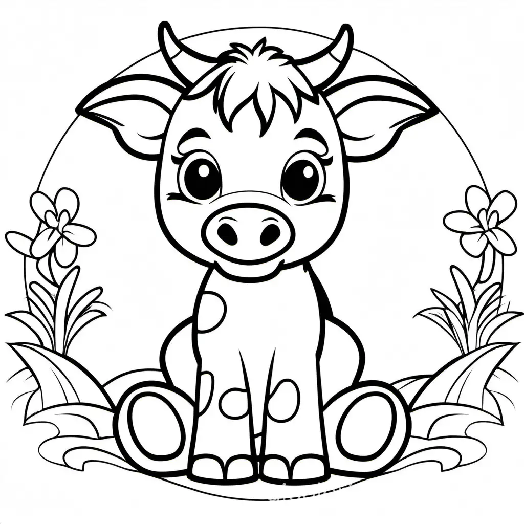 cute baby cow coloring page for kids, Coloring Page, black and white, line art, white background, Simplicity, Ample White Space. The background of the coloring page is plain white to make it easy for young children to color within the lines. The outlines of all the subjects are easy to distinguish, making it simple for kids to color without too much difficulty