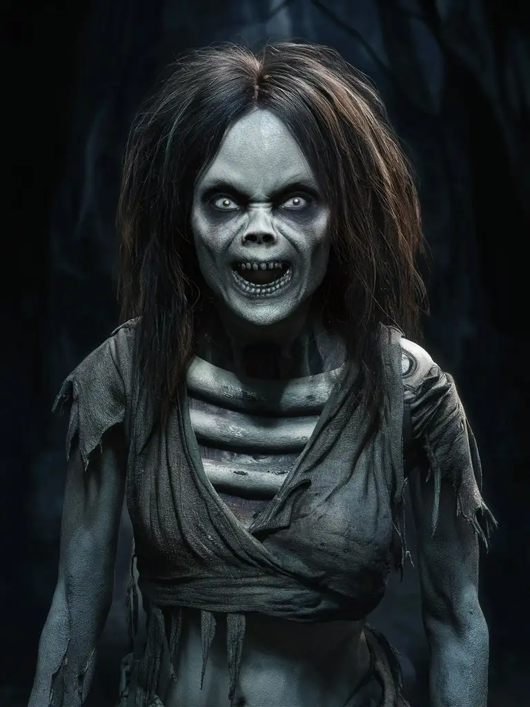 An undead zombie cavegirl, pale gray dead skin, dark circles under hollow sunken eyes, sunken cheeks, dark brown messy hair, pale gray lips, face snarling, tattered clothes, Live-Action, ultra hd, realistic, highly detailed, 8k artistic photography, photorealistic concept art