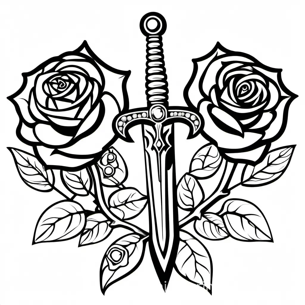 a sword make out of gems with a rose on the handle, Coloring Page, black and white, line art, white background, Simplicity, Ample White Space. The background of the coloring page is plain white to make it easy for young children to color within the lines. The outlines of all the subjects are easy to distinguish, making it simple for kids to color without too much difficulty
