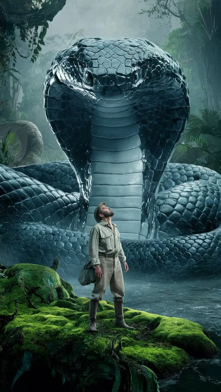 Imagine a scene in a misty, lush green jungle where a towering, colossal snake with scales that reflect the moisture in the air, confronts an explorer. The man, dwarfed by the snake's immense size, is dressed in a classic explorer's outfit, complete with a hat and backpack. He stands on a moss-covered riverbank, looking up in awe at the gigantic creature that exudes an ancient and wise aura.