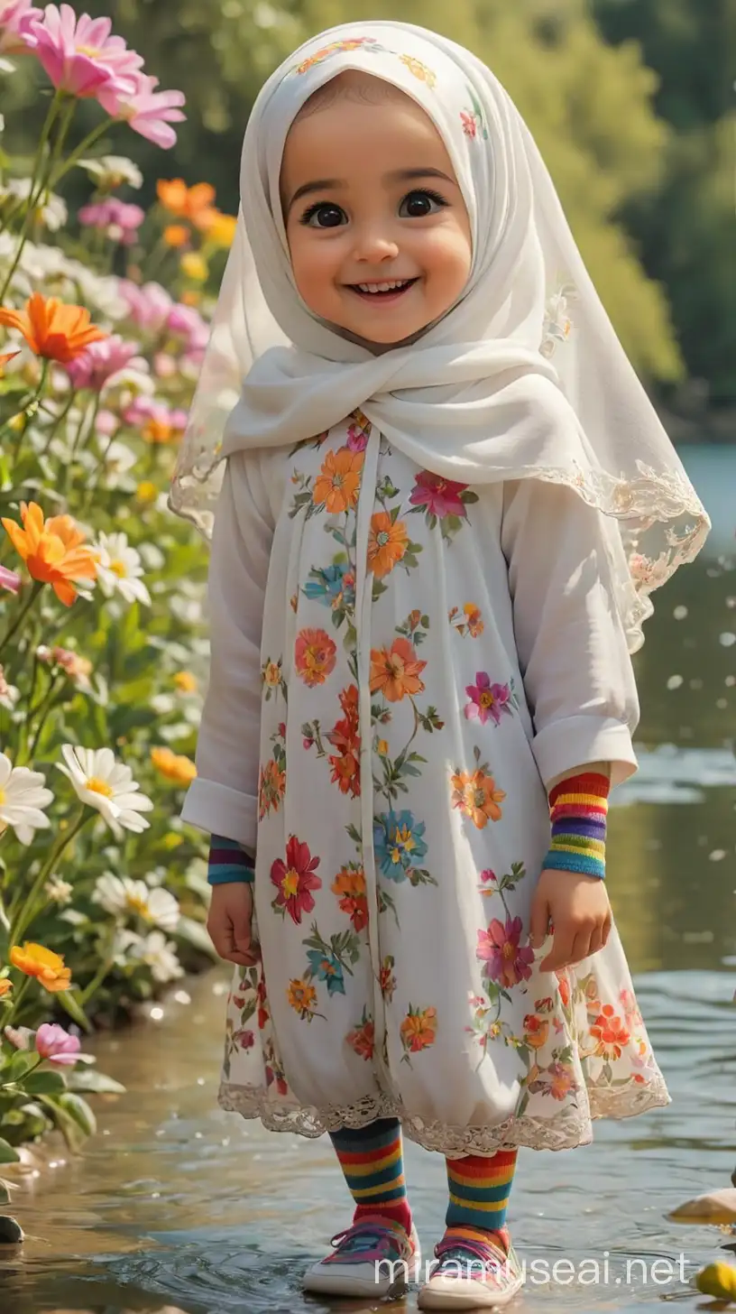 Persian little girl(full height, Muslim, with emphasis no hair out of veil(Hijab), white skin, cute, smiling, baby face, wearing socks, clothes full of Persian designs).
Atmosphere full of many rainbow flowers, lake, spring.