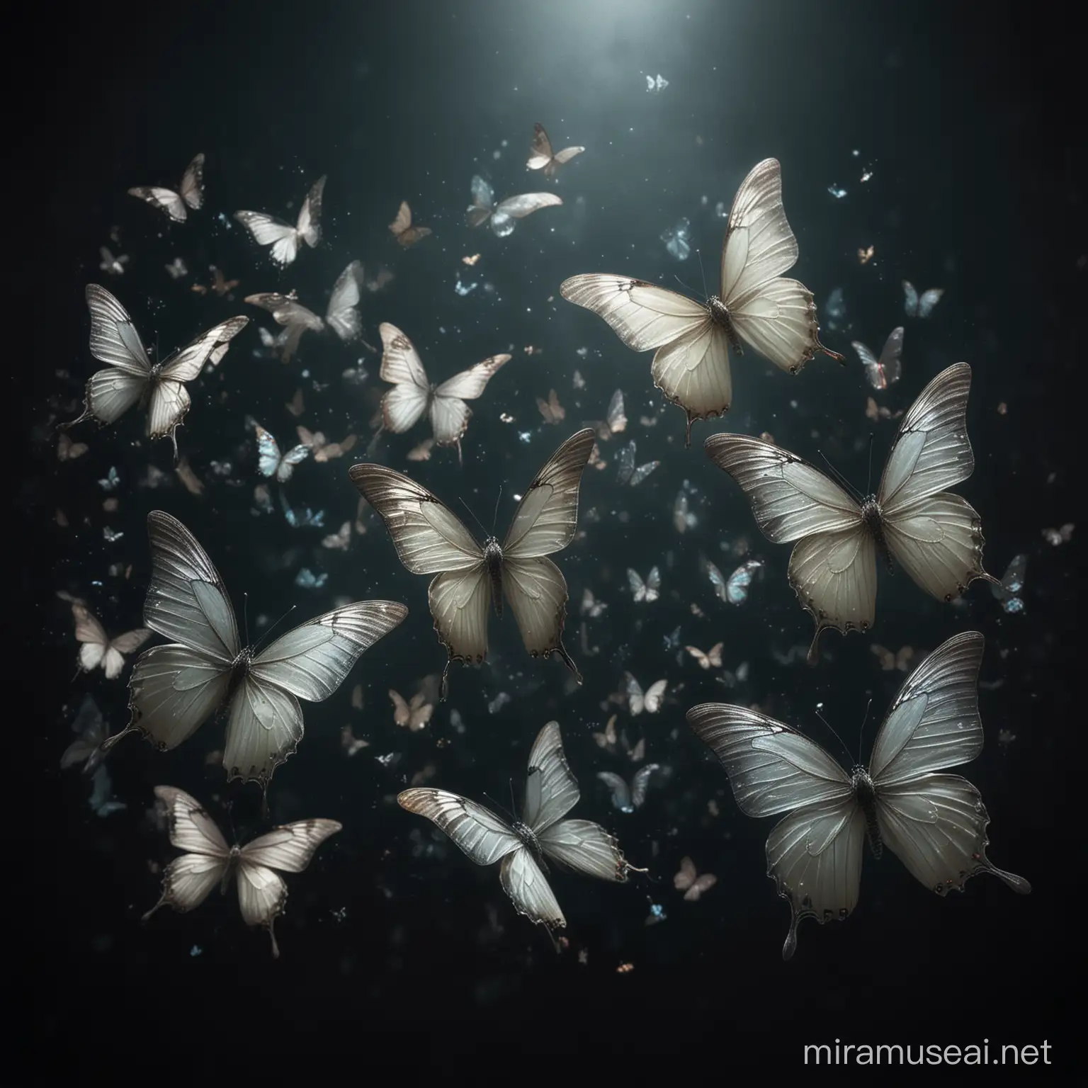 Ethereal Butterflies Dancing in Enigmatic Darkness
