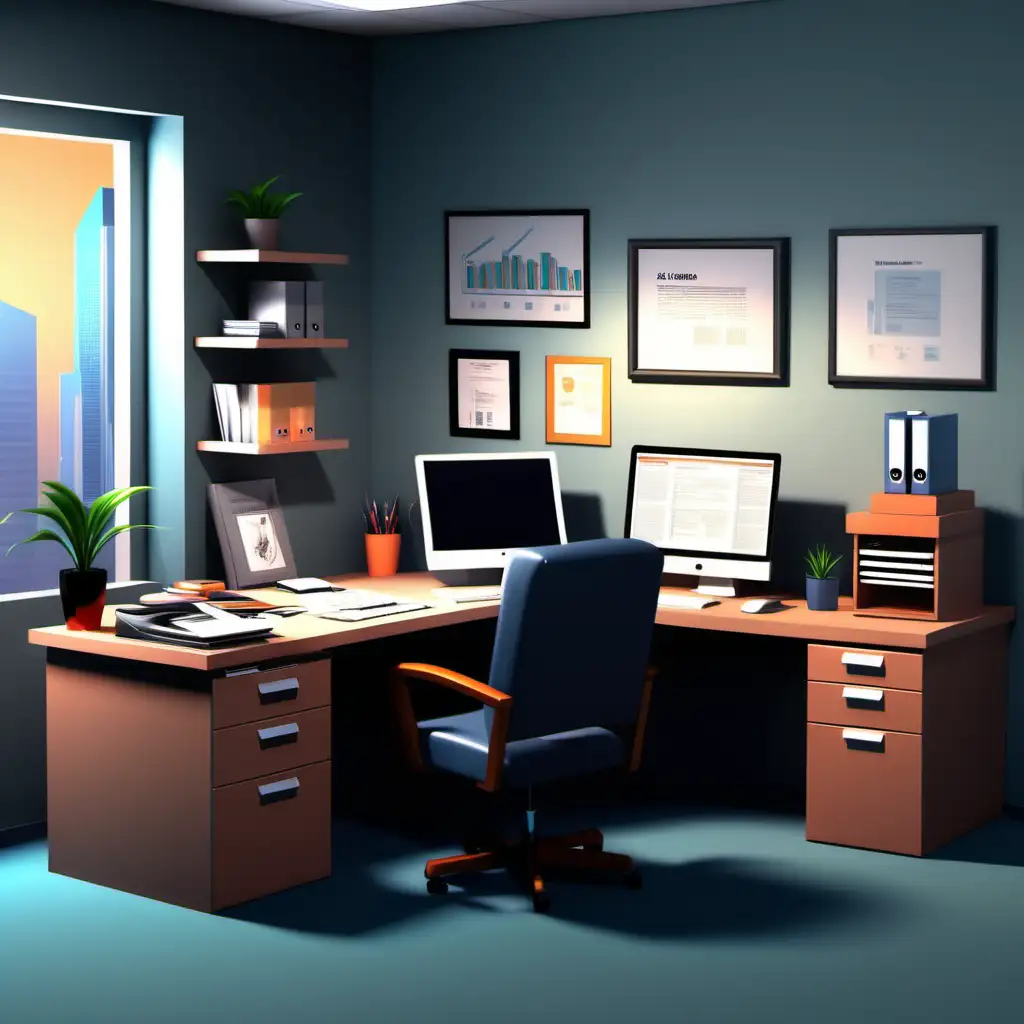 Create a 3D illustrator of an animated scene of a professional office job.