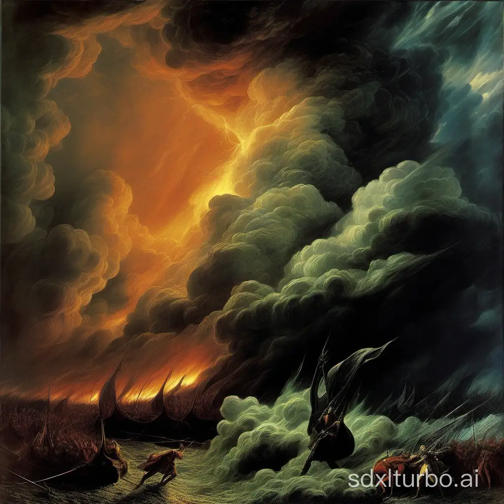 Storm, sky, clouds, Thunder, lighting, valkirie,, fire sky, mythology,  art in style Zdzisław Jasiński
Storm by Zdzisław Jasiński,  gustav dore