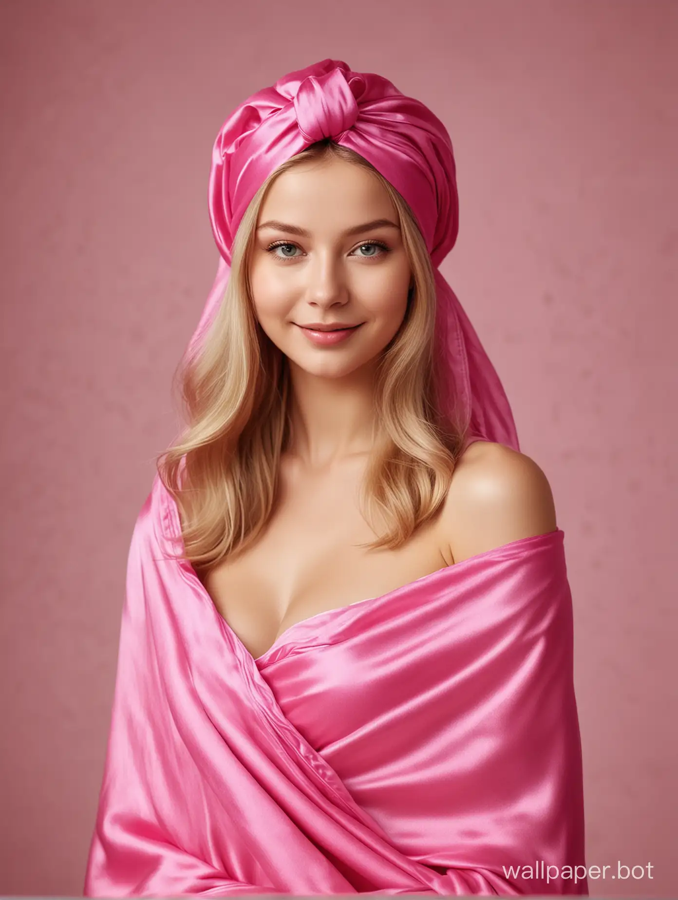 Glamourous Portrait Of Sweet, Young, Sunny Queen Yulia Lipnitskaya With Long Straight Silky Hair Smiling in Luxurious Pink fuchsia Slip Liquid Silk Dress with pink fuchsia silk towel turban and crown on the head