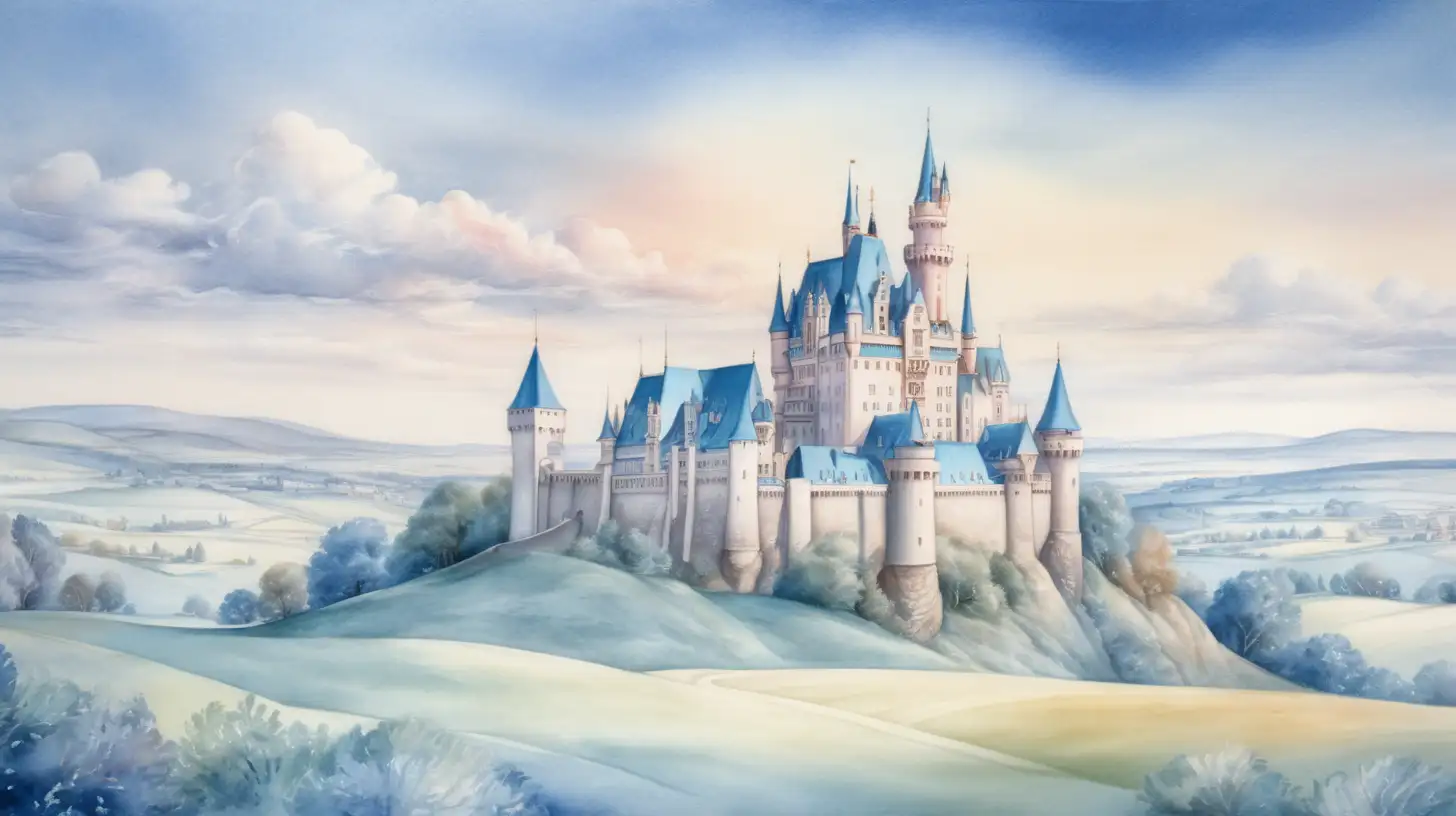 Dreamy Watercolor Castle Landscape in Pastel Shades