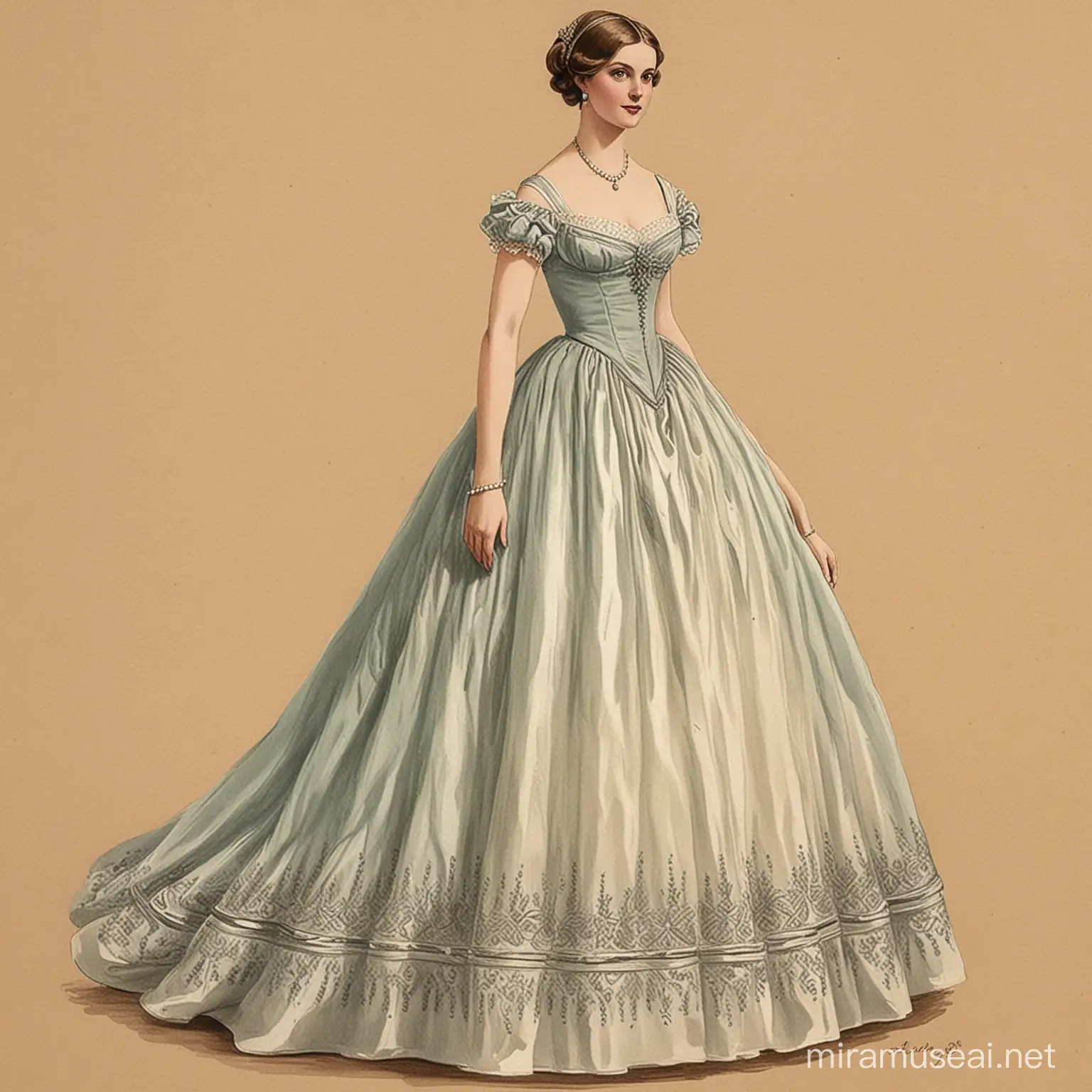 a drawing of an 1800's ladies empire line ballgown, vintage painting