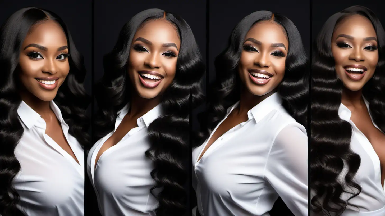 Professional Hair Brand Photoshoot with Joyful Black Model in Stunning Body Wave Hair