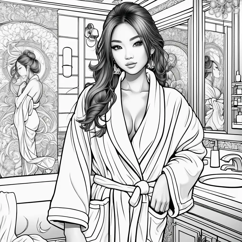 Coloring book image. Black and white. Outline only. No color. Highly detailed. Clean and clear outlines that allow for easy coloring. Ensure that the design provides ample space for creativity and coloring. High fashion, high fantasy, beautiful asian model dressed in an expensive and very revealing fuzzy bathrobe posing in a bathroom setting.