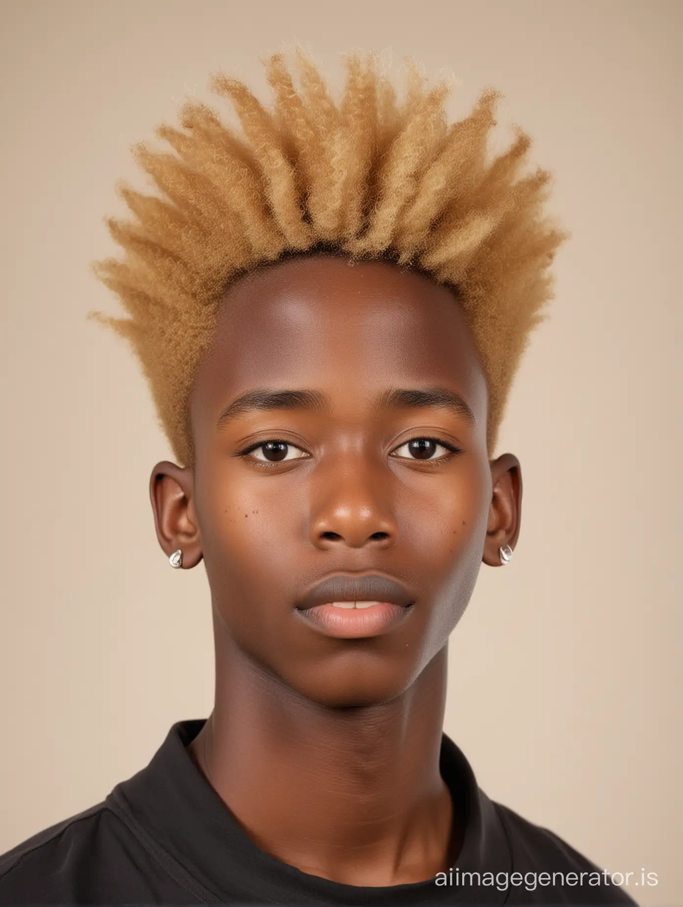portrait of handsome ugandan teenage boy with blonde afro hair, large flat nose and pointy ears, plain light background