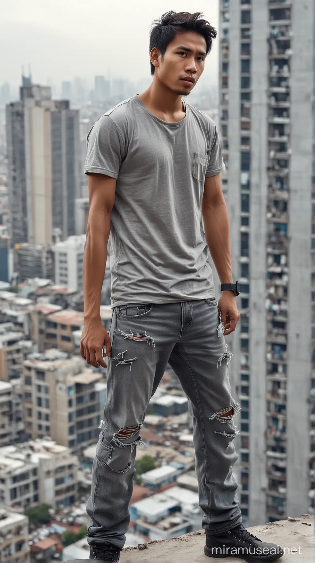 a 25 year old Indonesian man, fat body, smooth sad face, long hair, wearing a gray t-shirt, torn jeans, combat boots, standing on a tall building, both hands spread wide, very detailed, high resolution  ultra HD, photography.