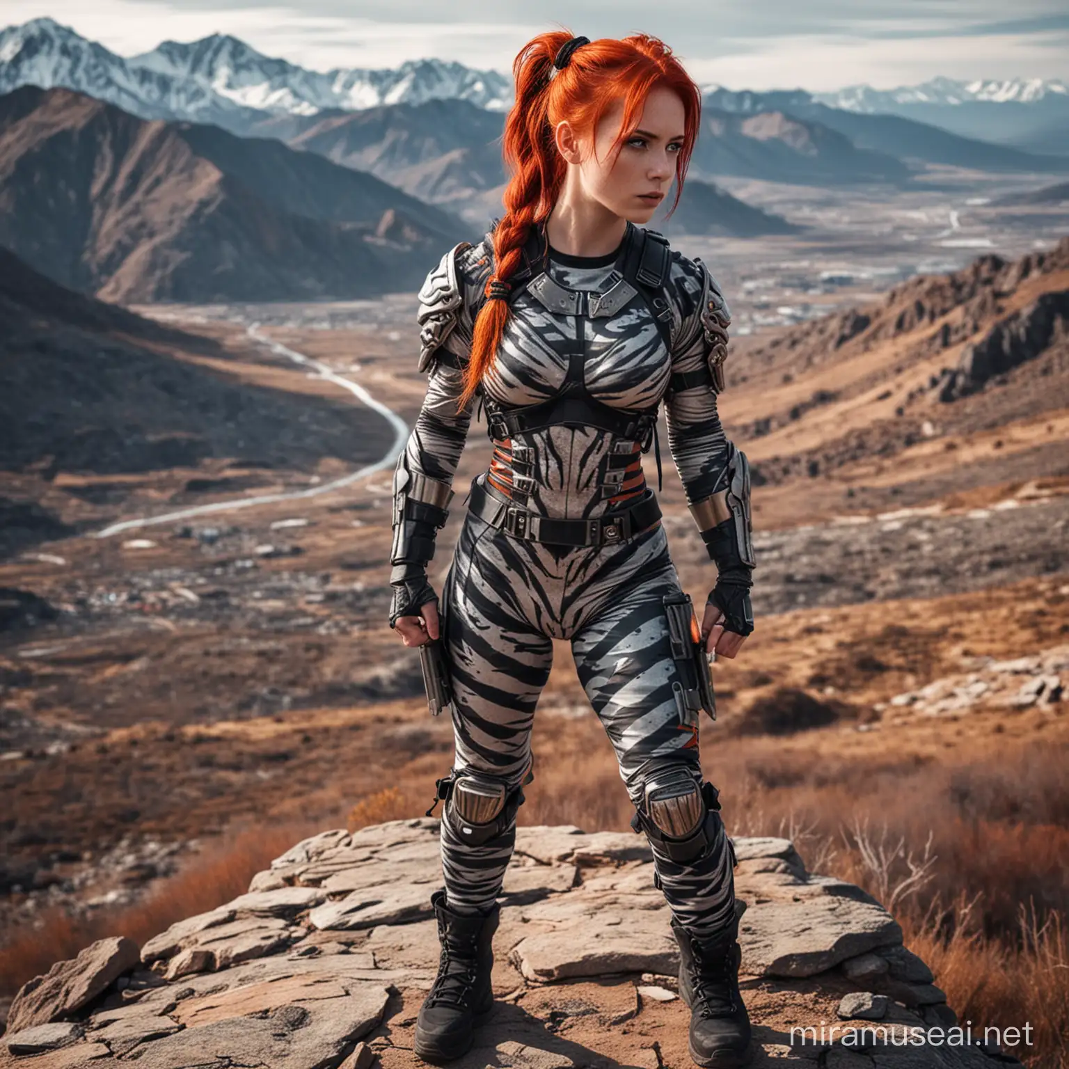 female future warrior in tiger striped outfit, red hair in pigtails, on a mountain top, ready to punce, full body