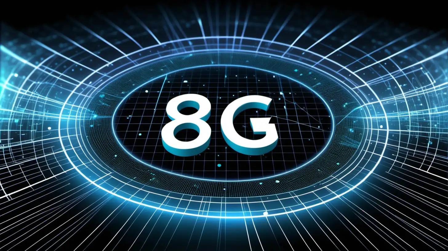 A futuristic visualization of 8G technology, with the bold and illuminated "8G" centered in the image against a backdrop of sleek, holographic lines and data streams, symbolizing advanced connectivity.