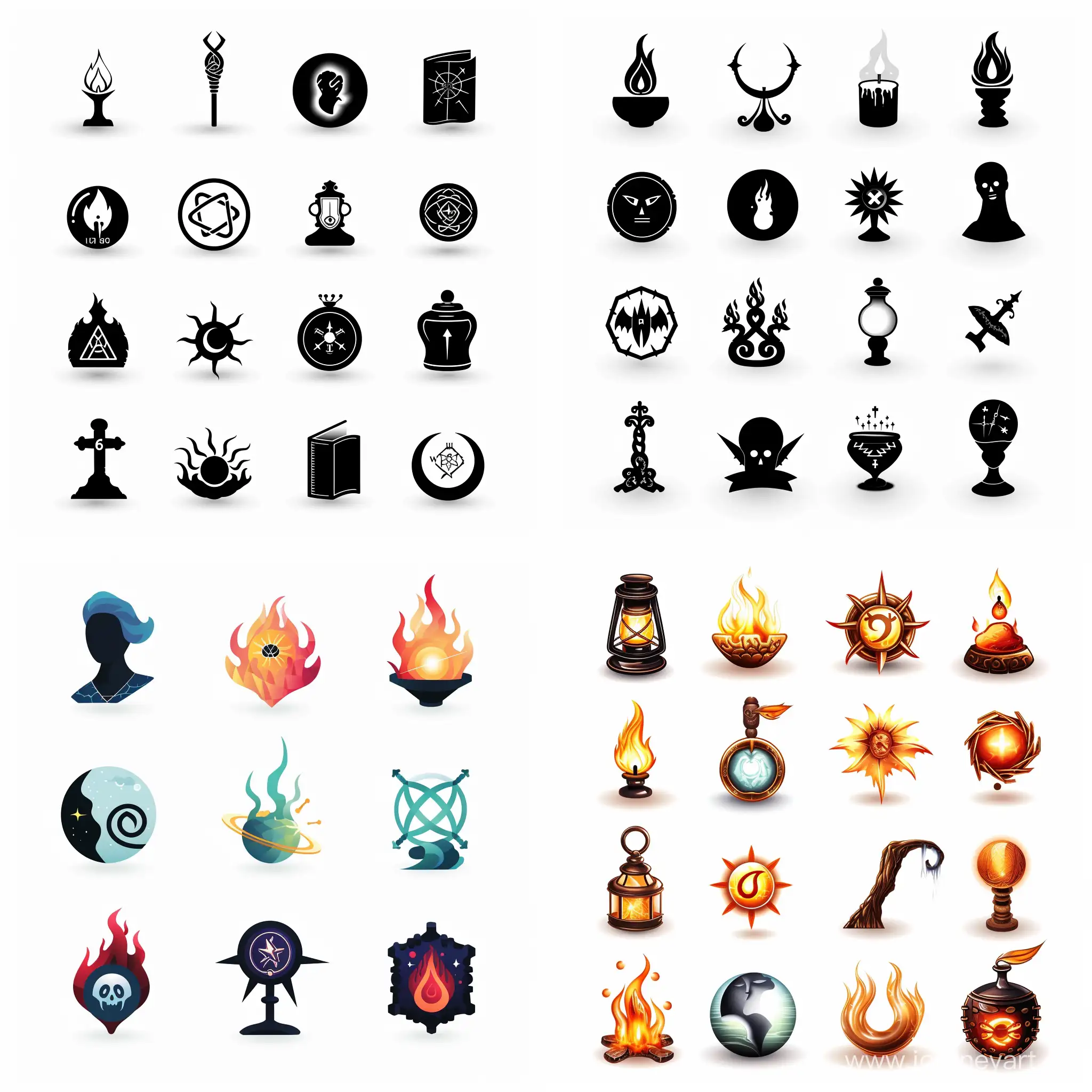 Graphic vector icons of magic:
- light
- soul
- elementals
- darkness
- necromancy
- time
- material
fantasy, white background, v6 --v 6 --ar 1:1 --no 53872