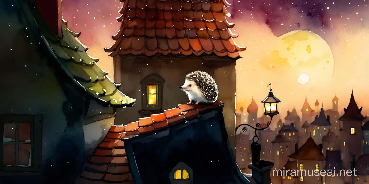 ночь, город, милый ежик сидит на крыше дома в современном городе и смотрит на фонарь, луна, watercolour style by Alexander Jansson