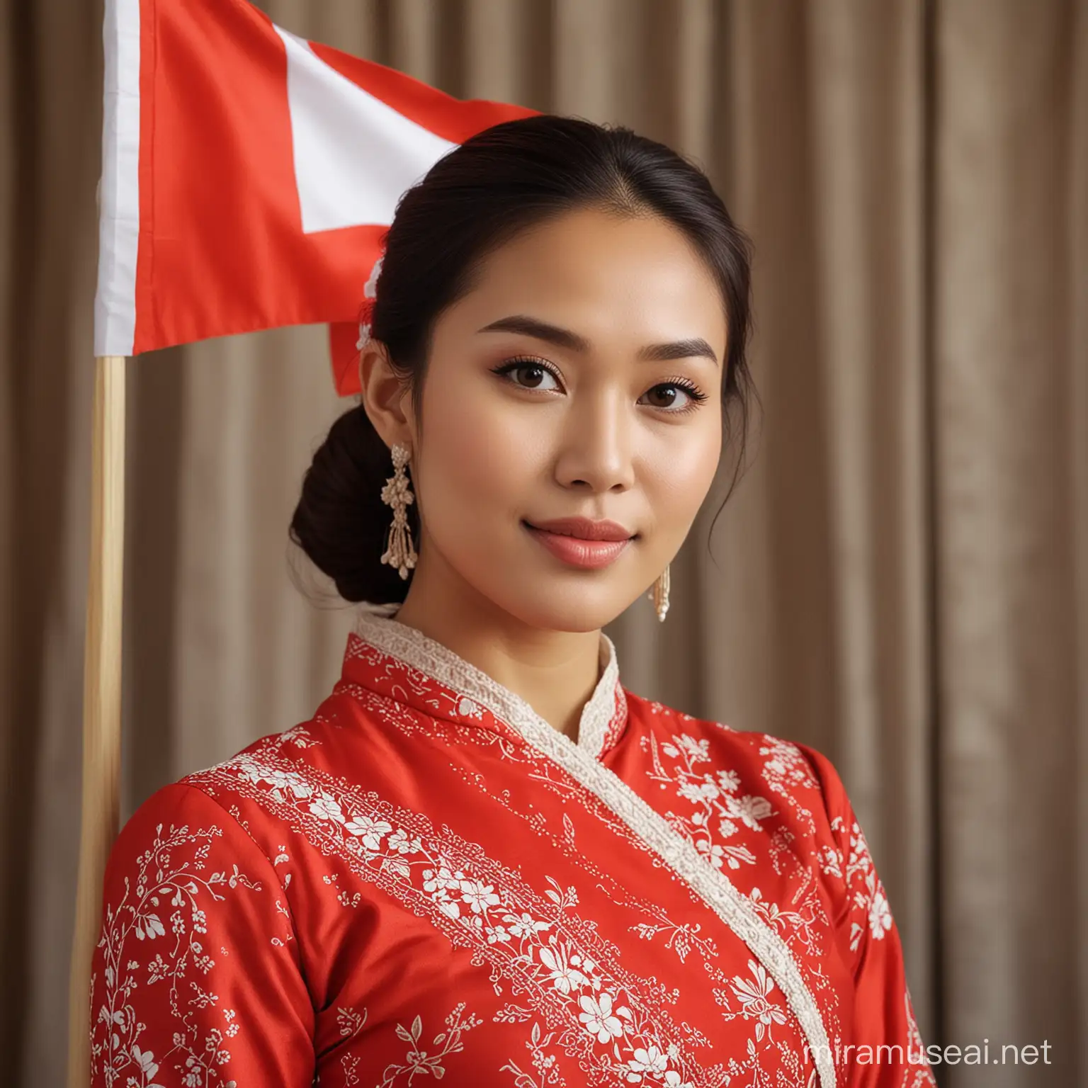 Wanita indonesia, cantik, kulit putih bersih, rambut panjang di sanggul, memakai kebaya warna merah cerah, dengan latar belakang bendera merah putih