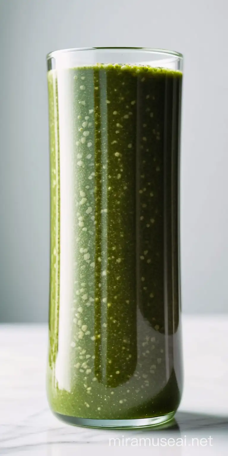 35mm photo of a tall cylindrical glass of smooth basil pesto sauce, full frontal point of view, white background, bright soft light, no labels or brands,