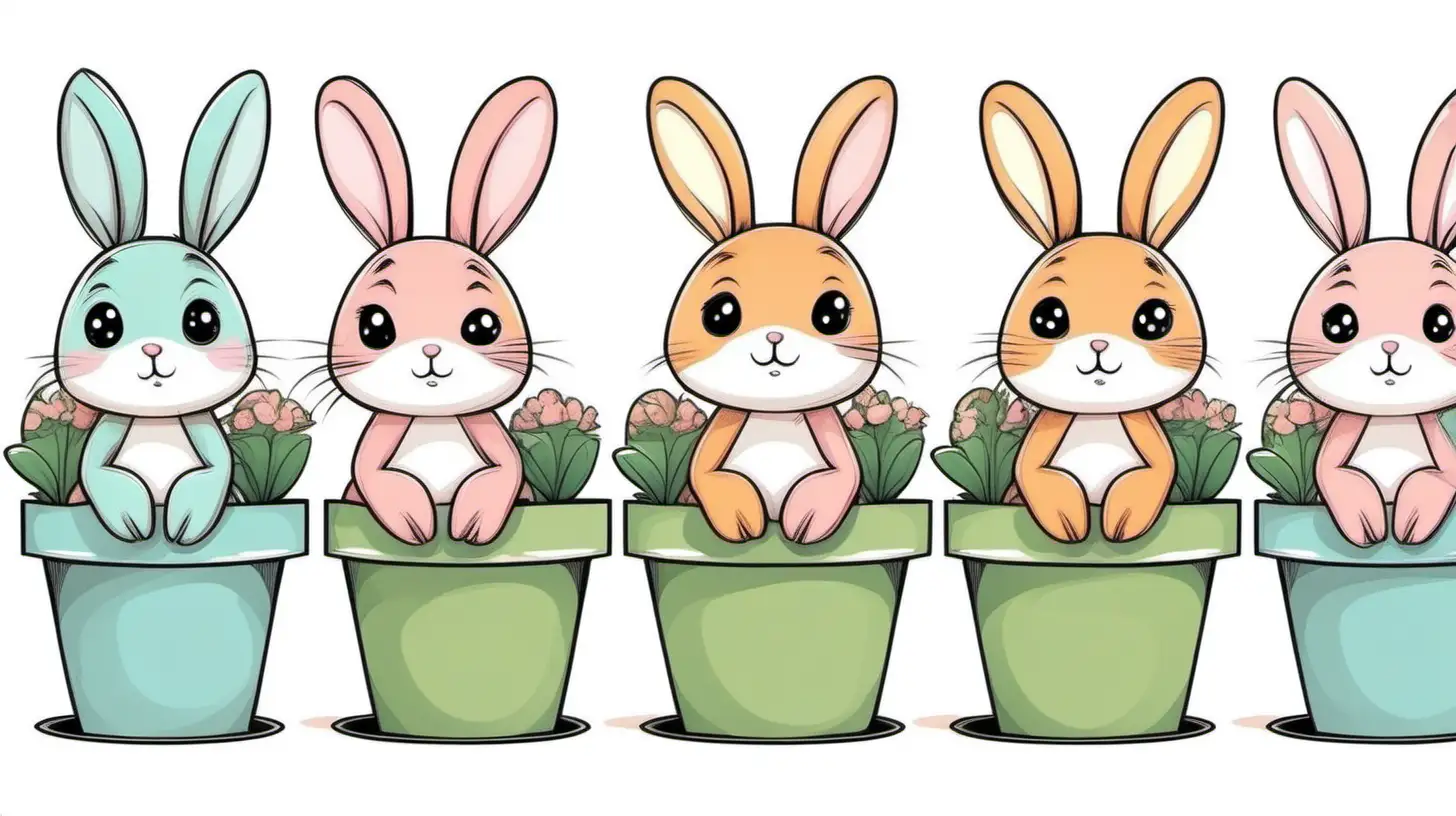 Playful Bunny Characters in Flowerpots Comic Style Illustration