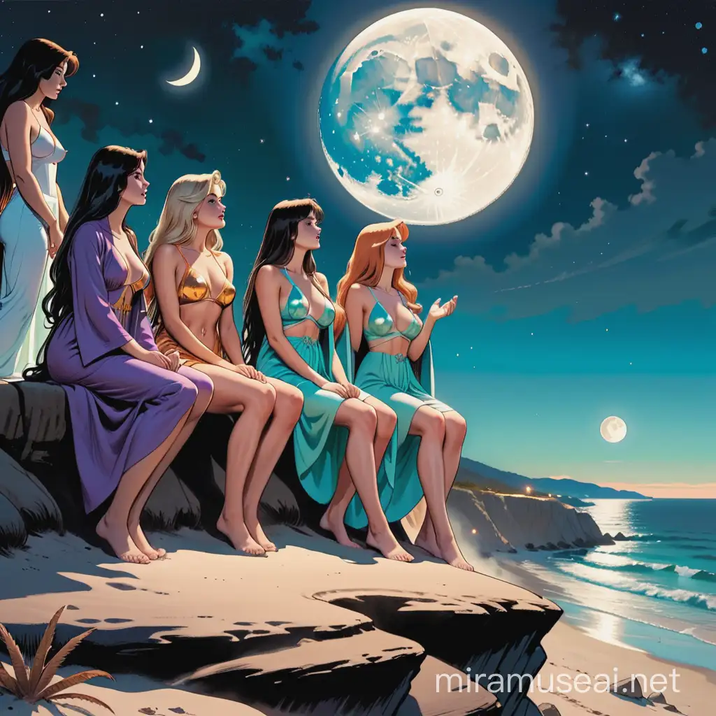 old comic book art, 2 long hair stoner teens looking over a cliff at 3 scantily clad women dressed in robes on the beach doing a seance, souls float in the sky, night time, moon, faded color, halftone ink,