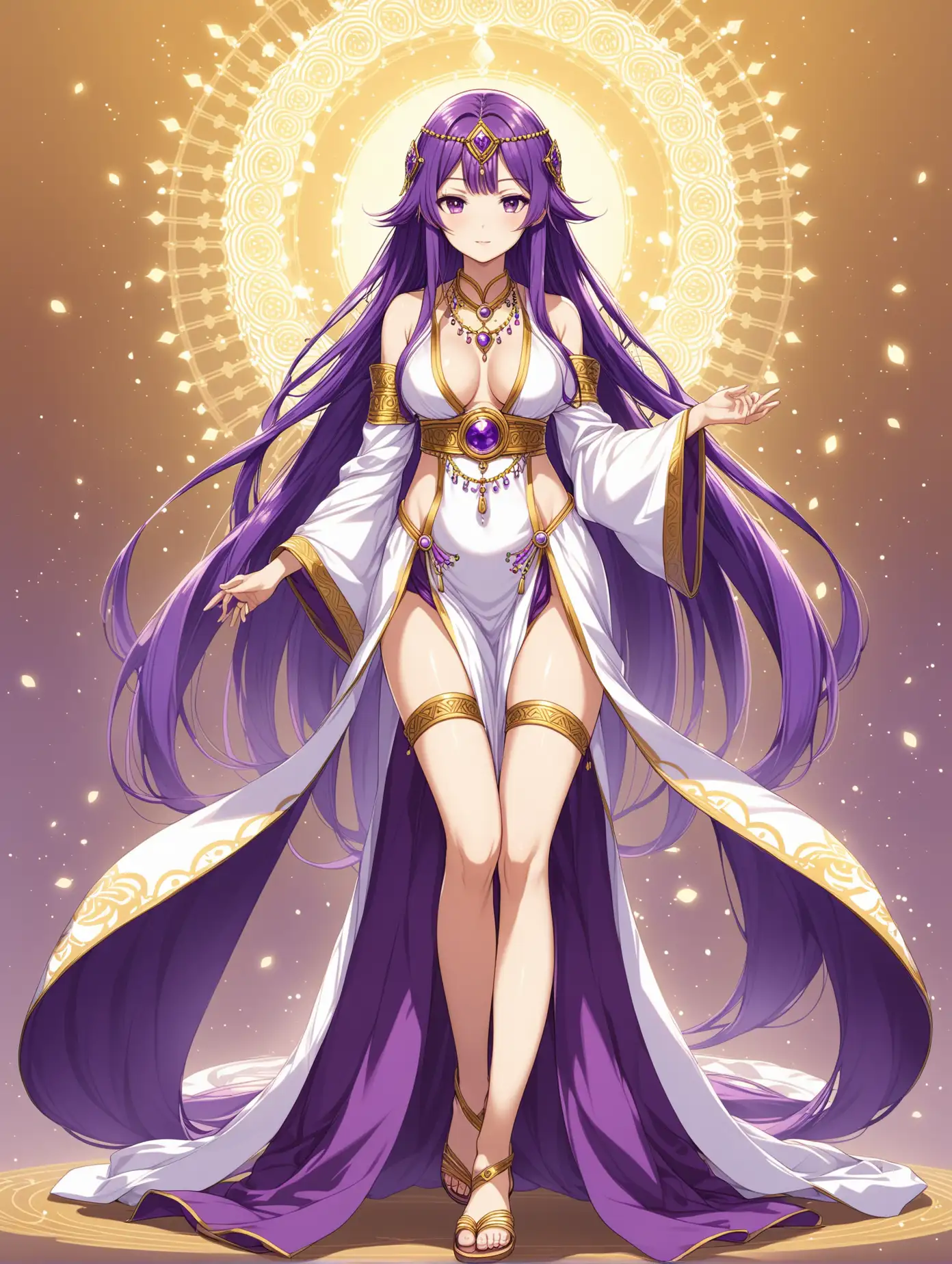 Full body image of a long hair sensual anime priestess girl with purple hair wearing sandals