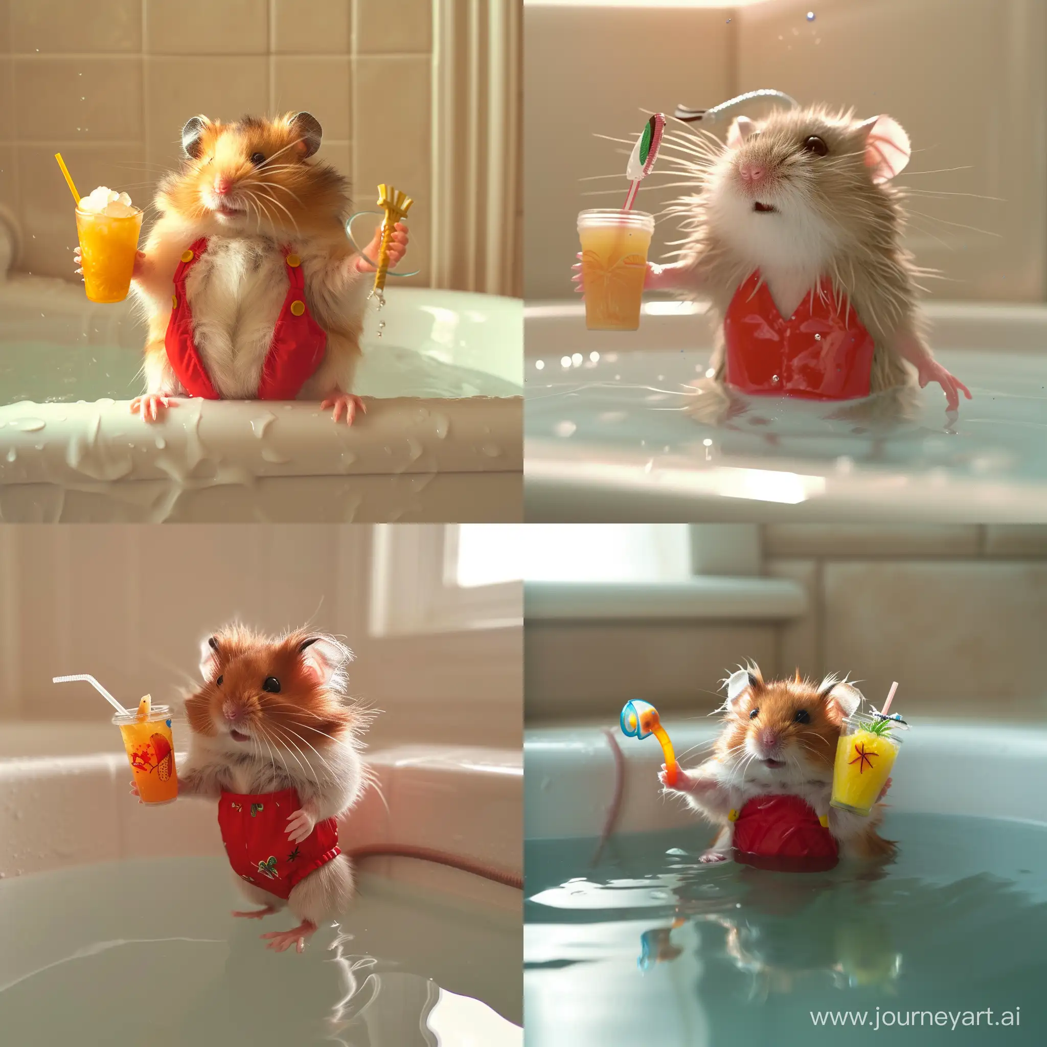 jeg vil ha et hamster i badedrakt hamsteren skal ha snorkel, hamsteren er søt men har på en fresh og stilig rød badedrakt og holder en pina colada I hånden. det er sol og hamsteren koser seg i badekaret