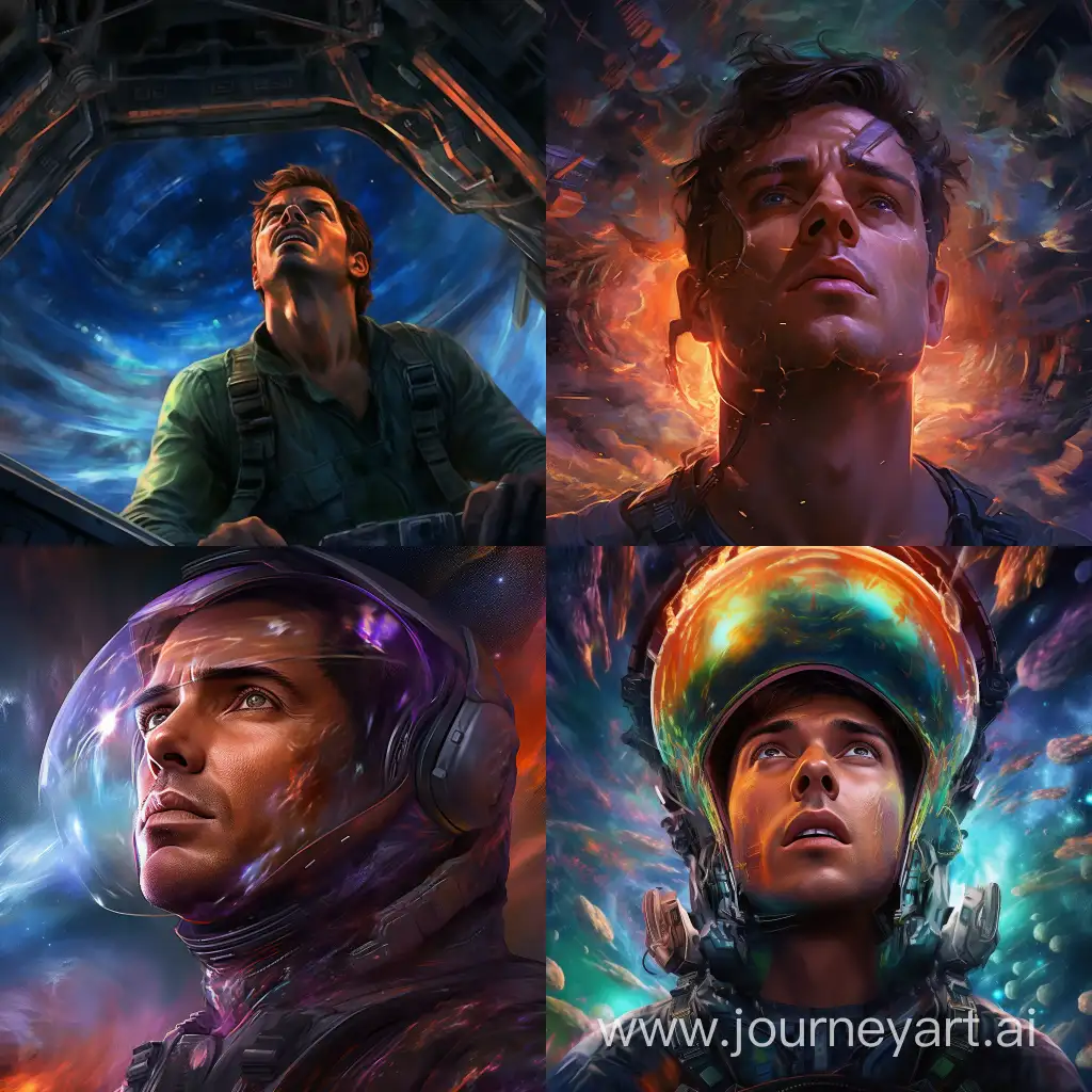 Create a hyper-realistic, digital painting encapsulating the theme of existential escape and psychedelic transcendence. Visualize a middle-aged man with a determined expression, his appearance subtly weathered by past sorrows, escaping a metaphorical prison made of dark, nebulous shadows representing sad thoughts. He pilots a sleek, futuristic space shuttle, detailed with iridescent panels and intricate, glowing controls, symbolizing his journey from darkness to enlightenment.  The shuttle is set against a backdrop of a dystopian world engulfed in realistic flames, with towering infernos and smoldering ruins, reflecting a sense of chaotic despair. Above, a vibrant, superlative star dominates the cosmos, depicted with high-resolution radiance and fractal light effects, signifying hope and guidance. This star is in the throes of a supernova, transitioning into a swirling, multidimensional wormhole. The wormhole's mouth should be a kaleidoscope of psychedelic colors, with fractal patterns and a shimmering event horizon, suggesting hidden realms and infinite possibilities.  Incorporate elements of space realism such as asteroid fields, distant galaxies, and nebulae in the background to enhance the cosmic setting. The lighting should be dramatic, with stark contrasts, highlighting the man's shuttle and the wormhole, while casting the burning world in semi-darkness. Use a color palette that juxtaposes the cold blues and purples of space with the warm oranges and reds of the flames and the radiant spectrum of the wormhole. The overall mood should be one of awe, mystery, and the poignant beauty of a soul's journey towards a transcendent reality.