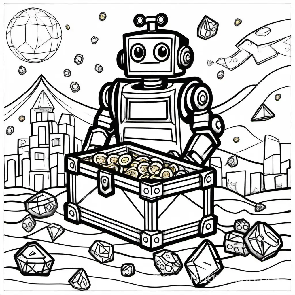 2 things next to each other: The opened treasure chest full of gold coins, gems and diamonds and the robot in front., Coloring Page, black and white, line art, white background, Simplicity, Ample White Space. The background of the coloring page is plain white to make it easy for young children to color within the lines. The outlines of all the subjects are easy to distinguish, making it simple for kids to color without too much difficulty