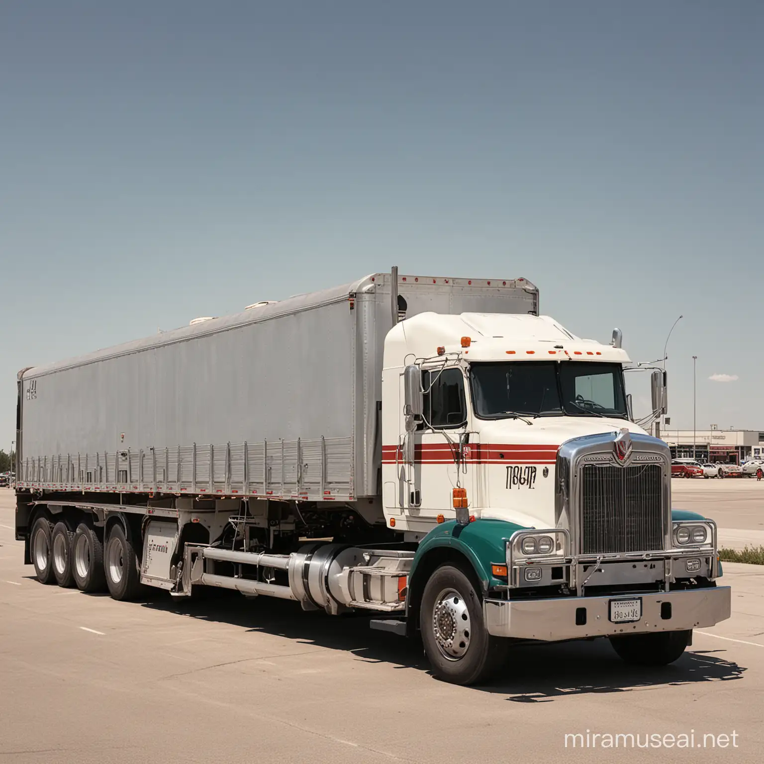 A European style truck made by Northrop Gruman, parked on an American truckstop
