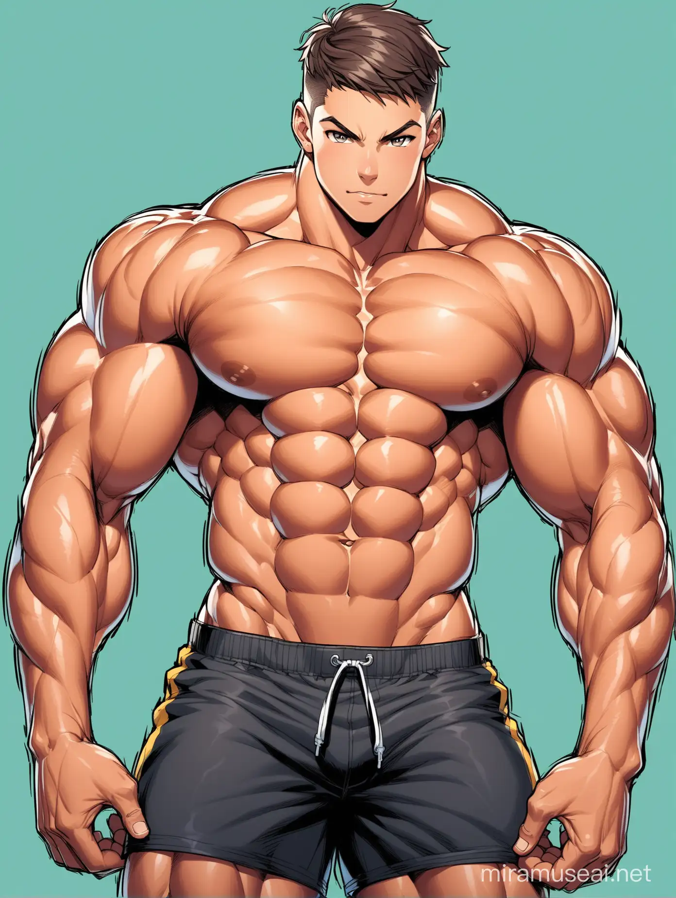 Full color drawing of an extremely muscular teenage male with very a beautiful, delicate face, wide shoulders, huge biceps, hard six-pack abs, and very strong and powerful legs, wearing shorts or trunks