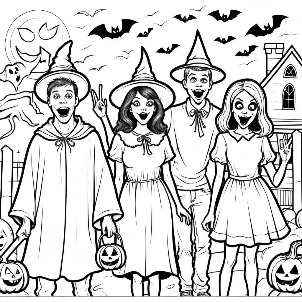 Young Men and Women Silly and Spooky Halloween Coloring Page