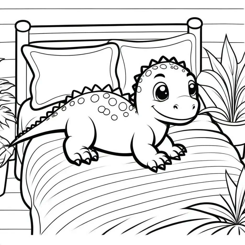 Black and white full page coloring page for kids, cute dinosaur, sleeping in bed, full page, no borders, simple, shapes with black lines, printable outlined art, thin lines, no shades, crisp lines --style 4b --v4-, white background