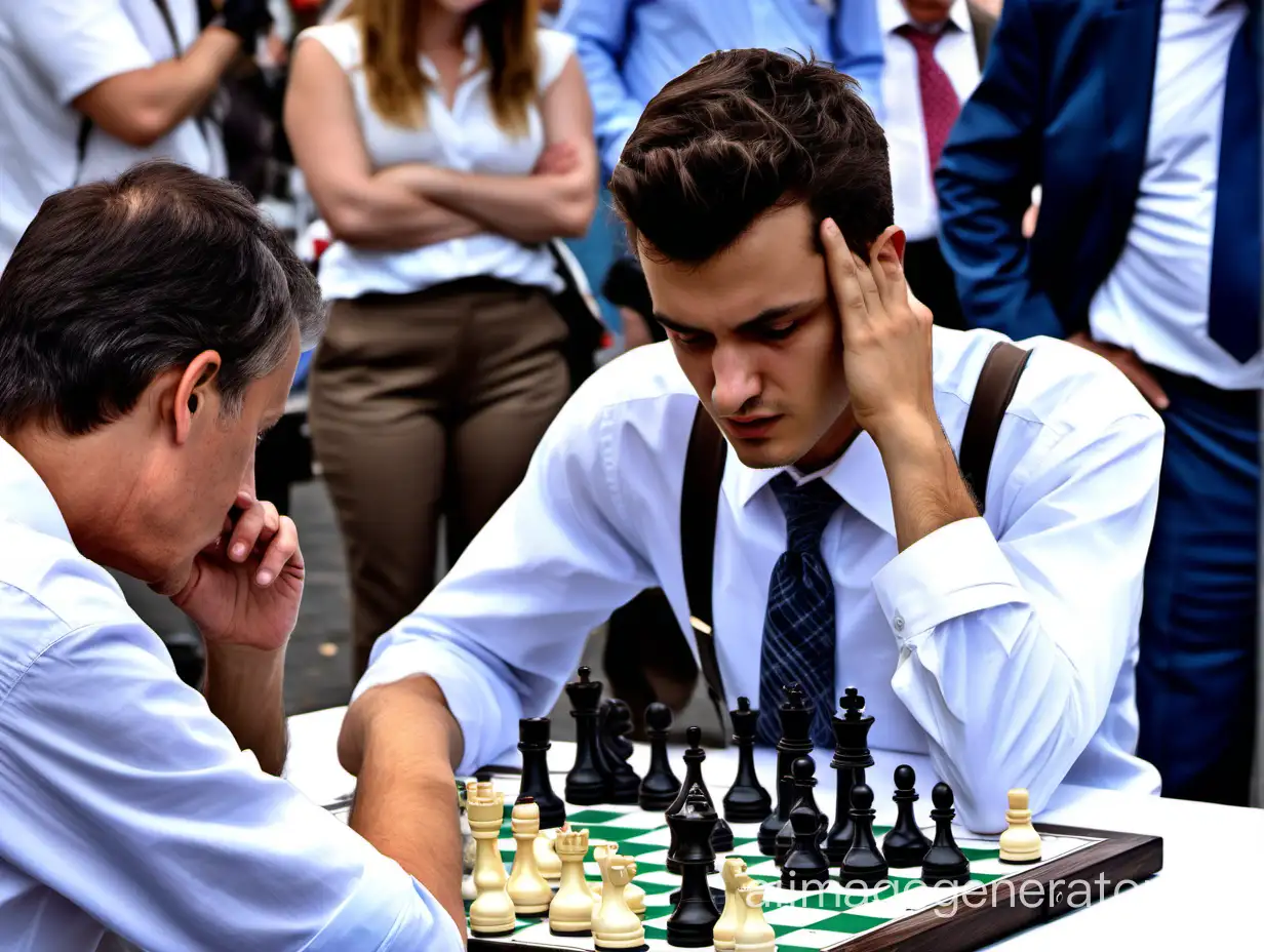 Very realistic, fullhd, hdr, 4k. TWO very smart chess players sit across from each other and play an intense game of chess. One very cool young chess player with a tail thinks about the game and looks at the chessboard at the World Chess Championship in a blue suit, white shirt, and tie, while the other is an old man sitting with his back in brown pants with suspenders and a white shirt without a jacket on his head, holding his head, realizing he lost, realistic
In the background, other people play chess, and reporters move around.